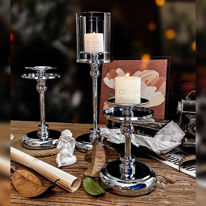 Glass Hurricane Candle Holders on Silver Base - IN STORE OR LOCAL PICK UP ONLY