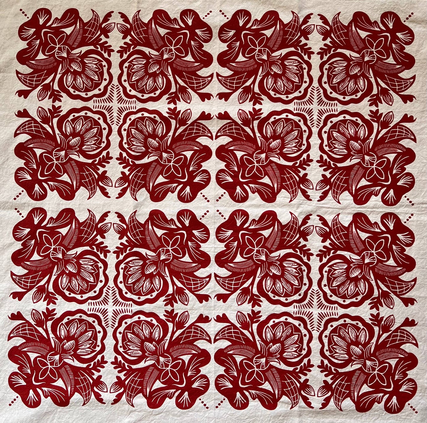 Red Rosemaling Art Cotton Tea Towel Silkscreened by Illinois Maker