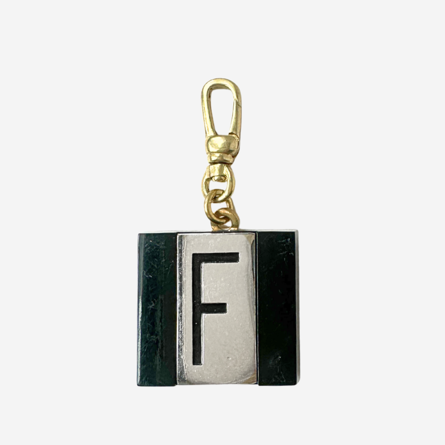 Letter "F" Refashioned Vintage Black Glass & Silver Charm