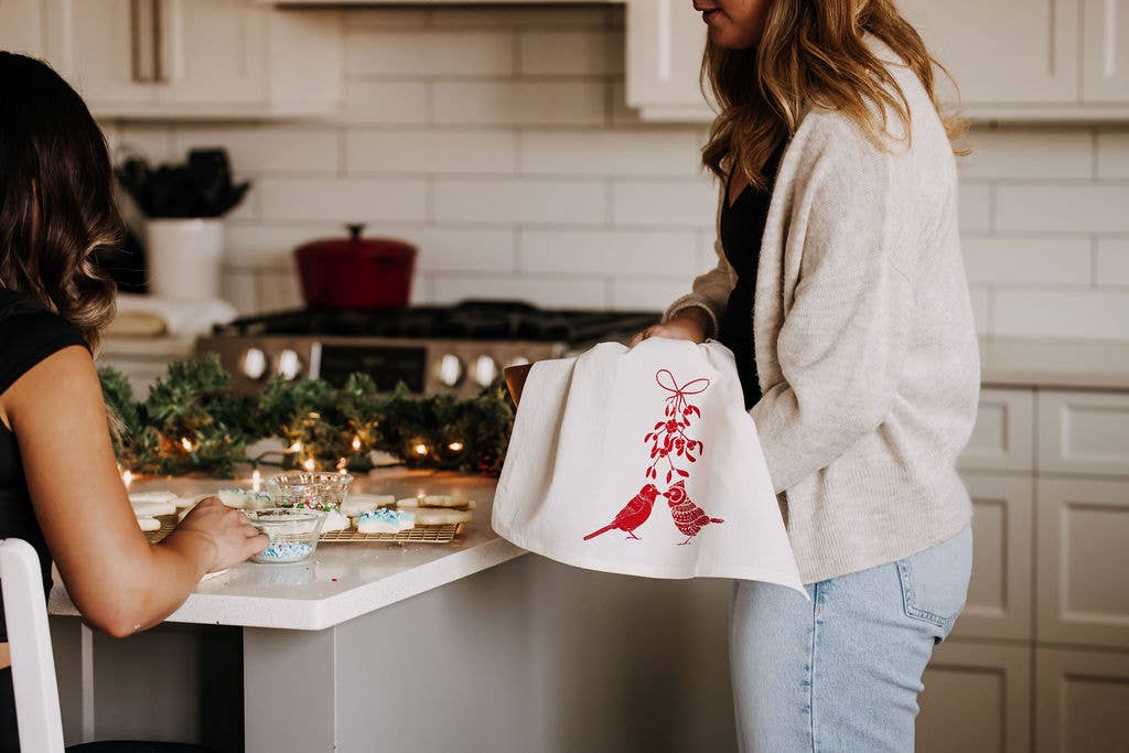 Handprinted Mistletoe Birds Kitchen Towel