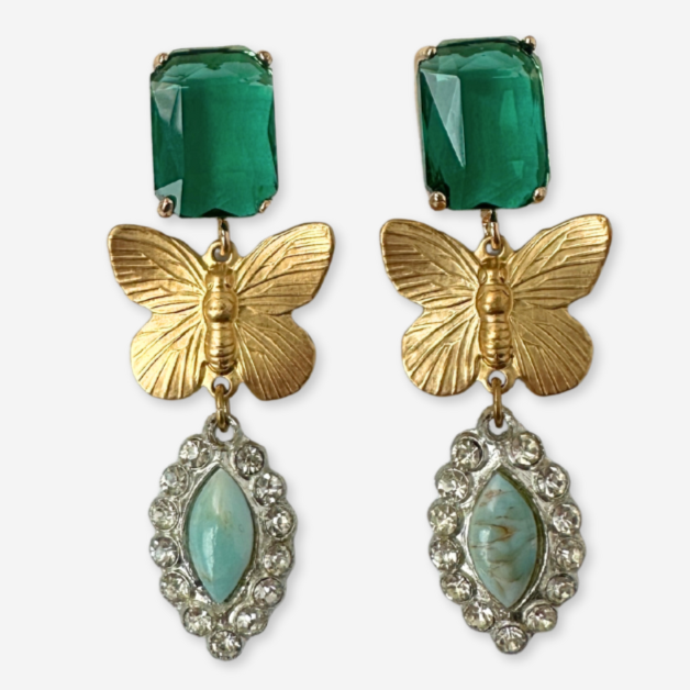 The Dorothea - Butterfly, Turquoise Rhinestone, & Green Glass Refashioned Vintage Earrings