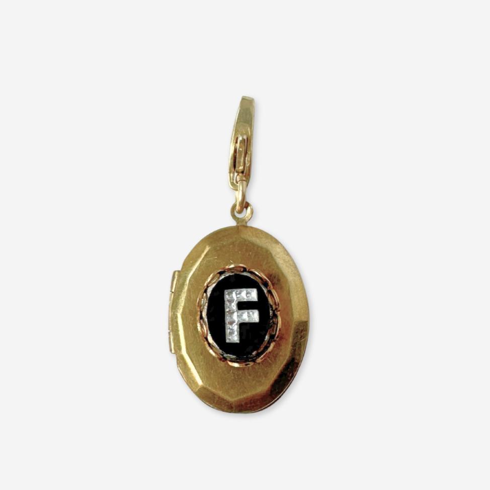 Brass Locket with Black Glass Letter "F" Monogram Refashioned Vintage Charm