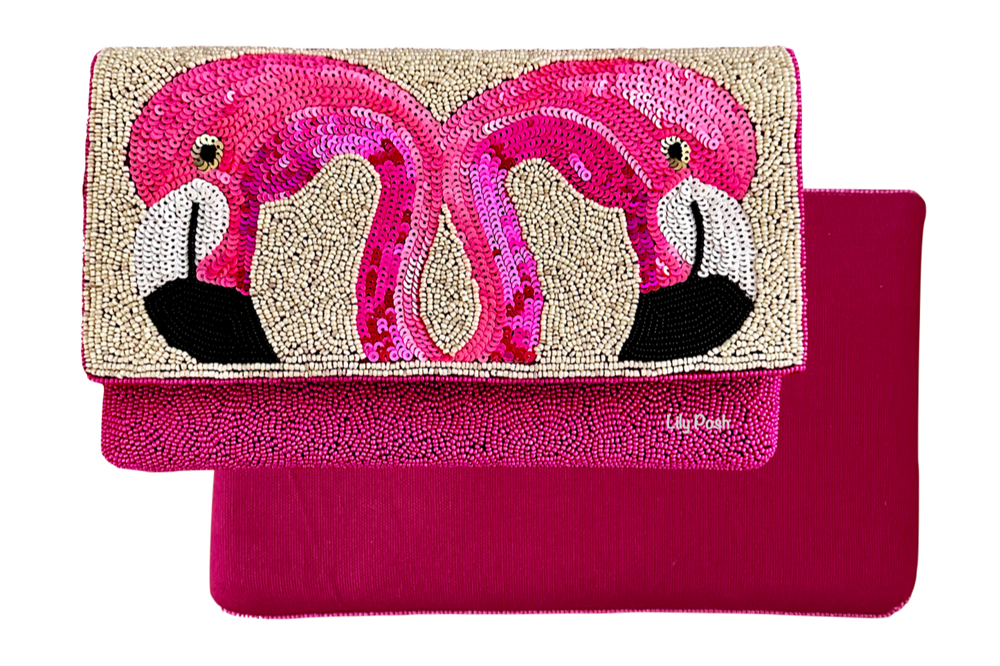 Flamingo Beaded & Sequined Crossbody Clutch