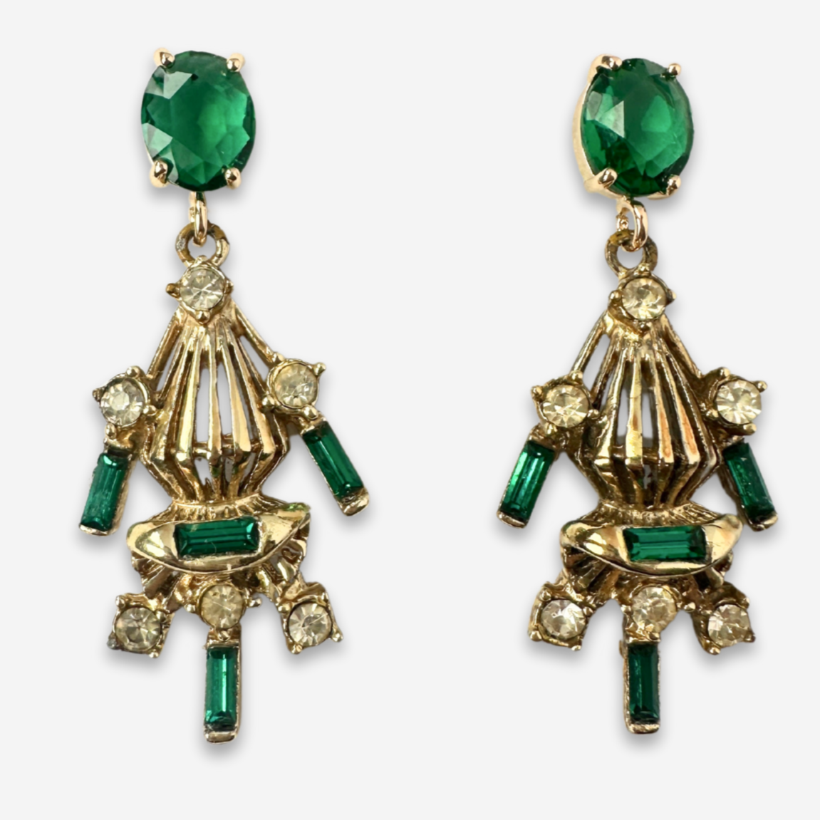The Clarissa Earrings - Refashioned Vintage Green, Clear & Gold Rhinestone Drop Earrings