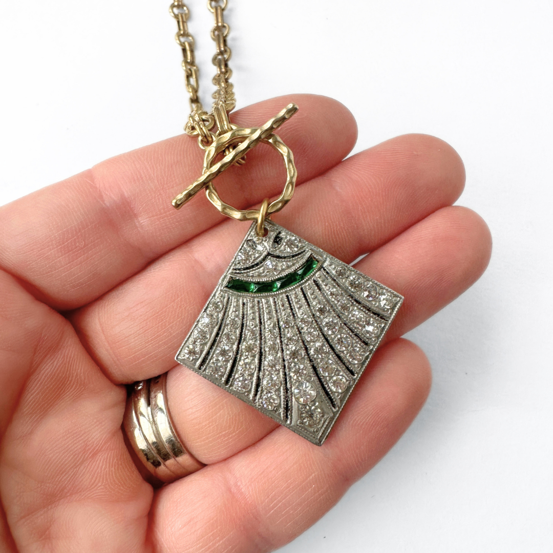 The Imogen - Vintage Clear and Emerald Rhinestone Art Deco Pendant with Brass Chain and Toggle