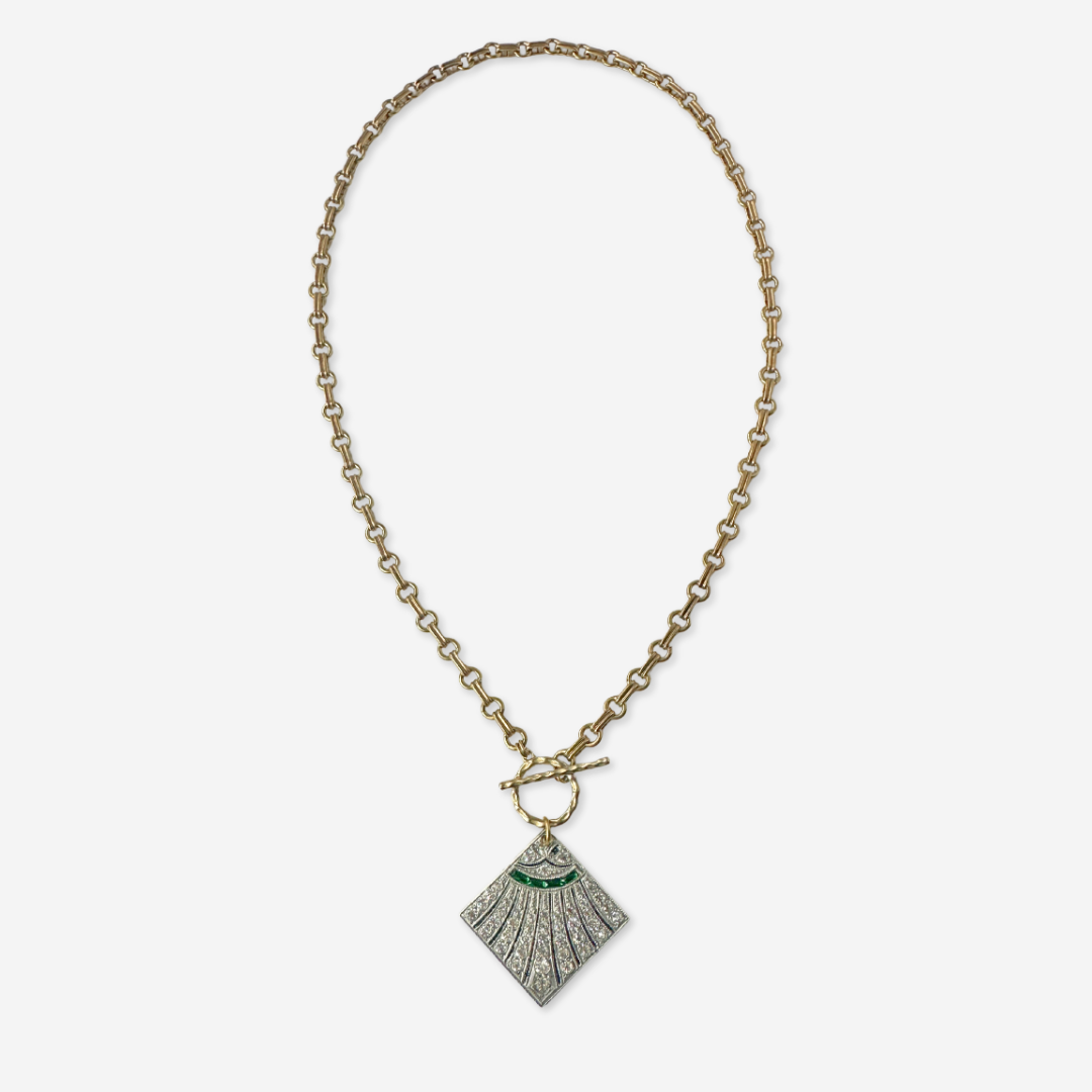 The Imogen - Vintage Clear and Emerald Rhinestone Art Deco Pendant with Brass Chain and Toggle