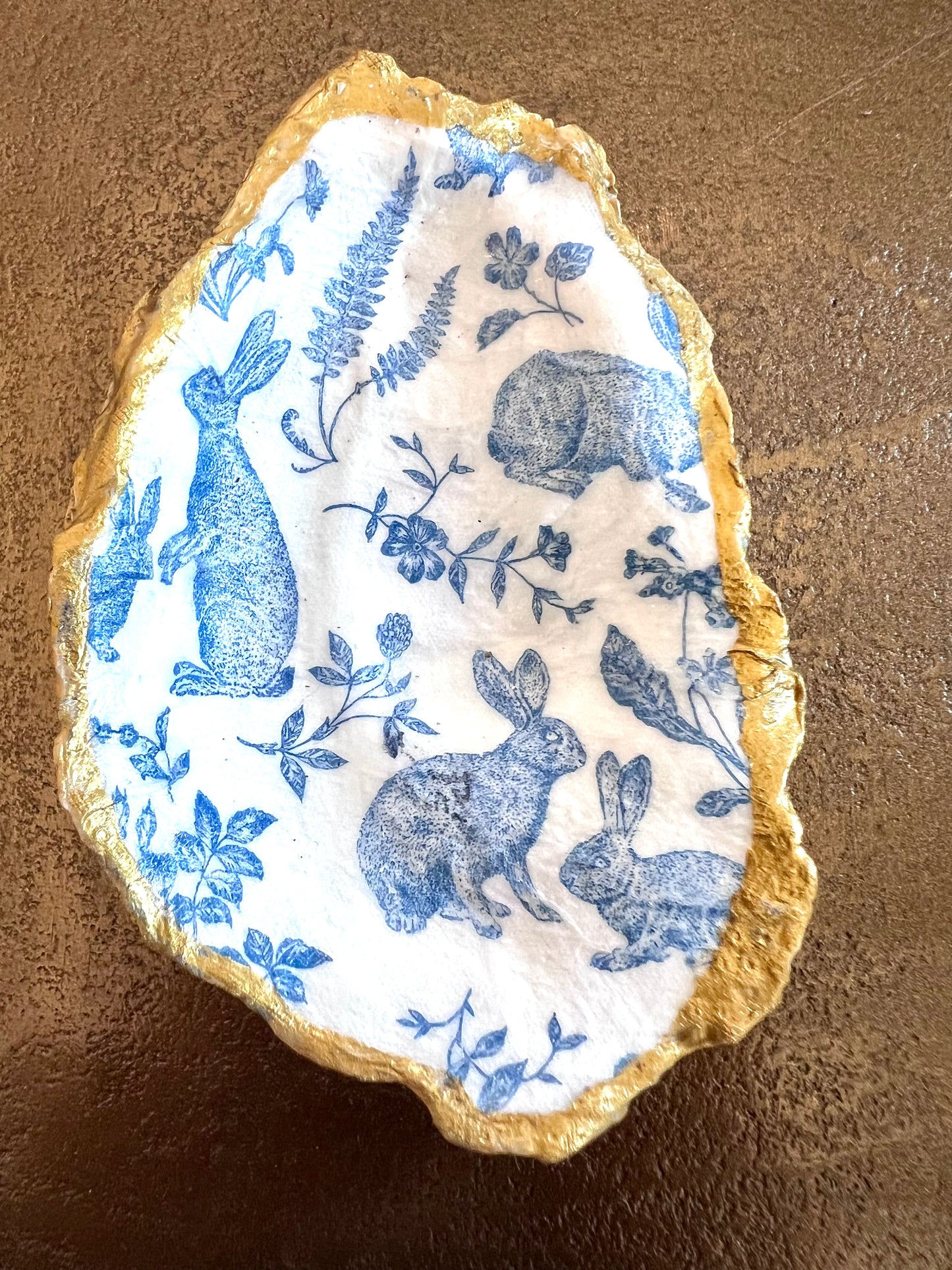 Blue Bunny Rabbits - Handmade Decoupaged Oyster Shell