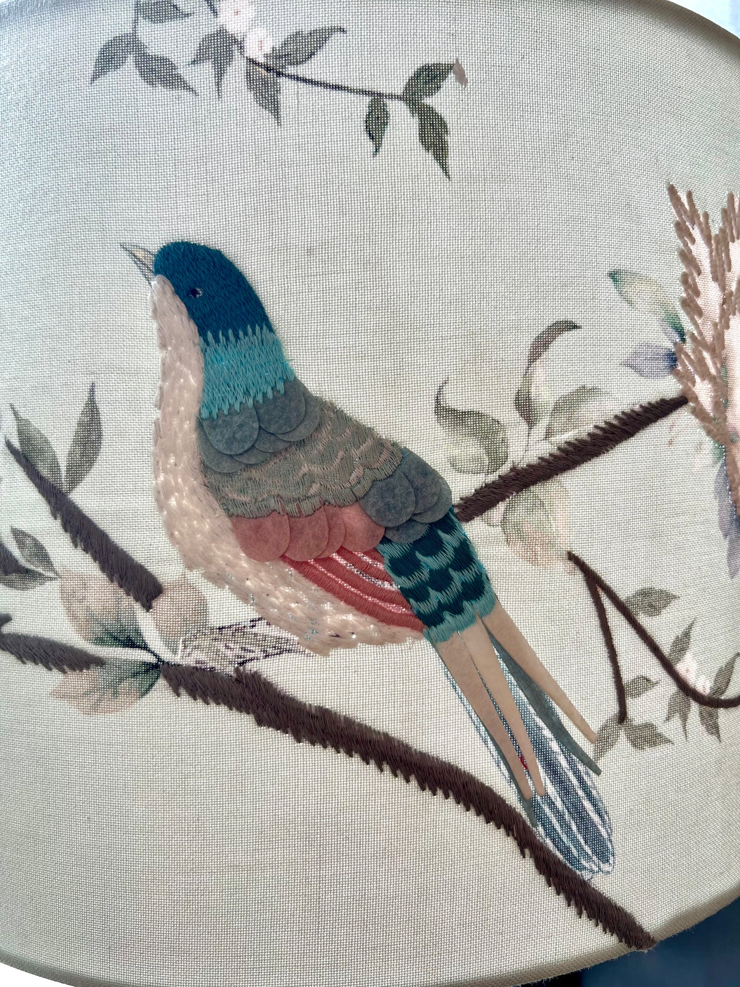 Songbirds & Blooms Embroidered Shade & Glass Lamp - IN STORE OR LOCAL DELIVERY ONLY