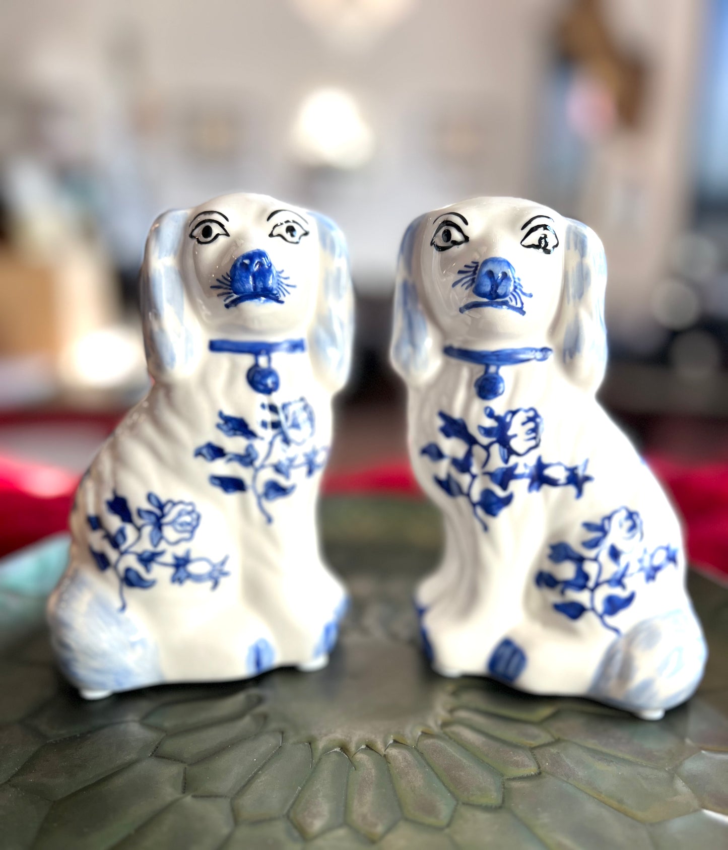 Hand Painted Blue & White Staffordshire Dog Figurine