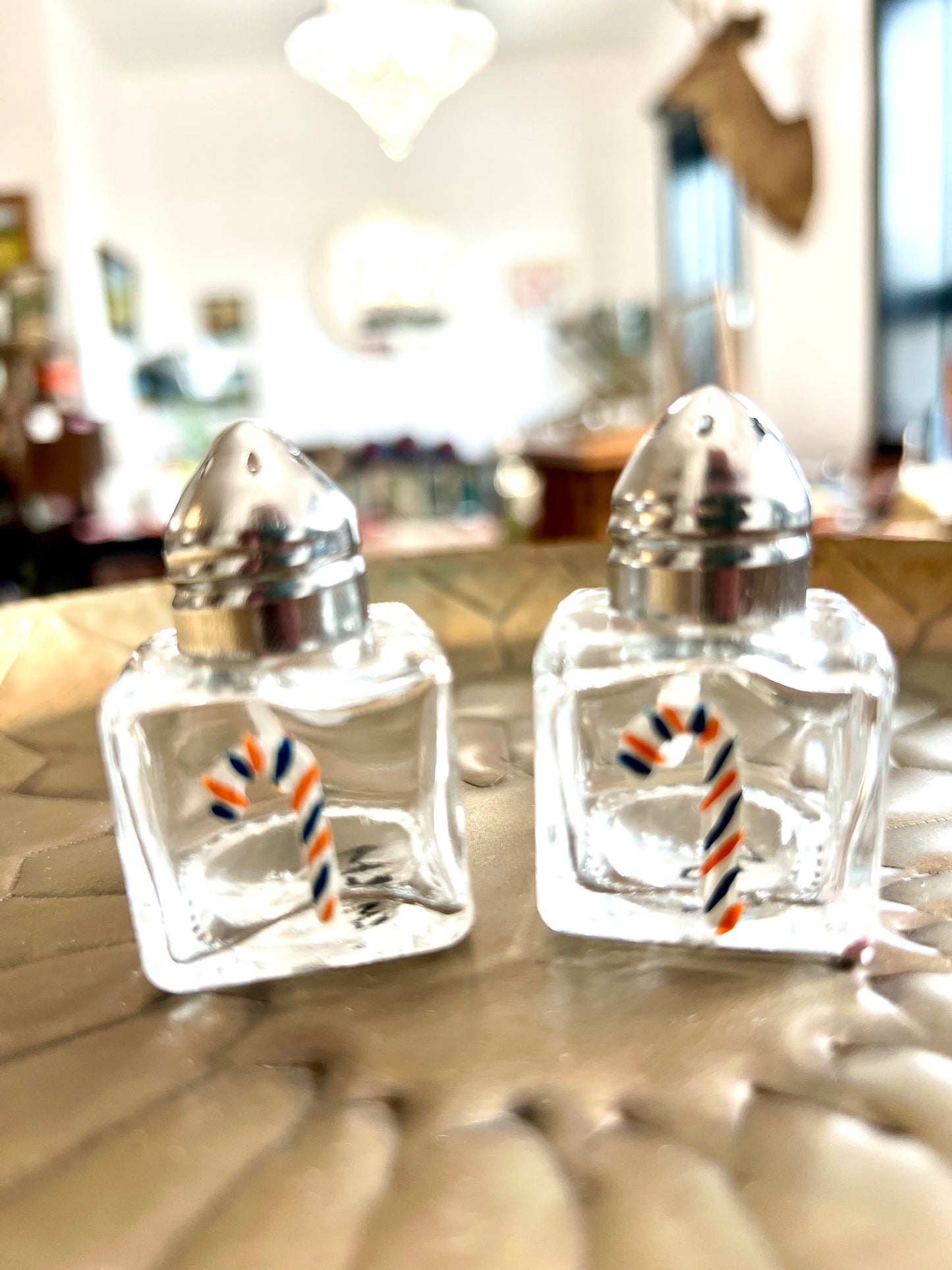 Orange & Blue Candy Canes Small Hand-painted Salt & Pepper Shaker Set by Carol Moore