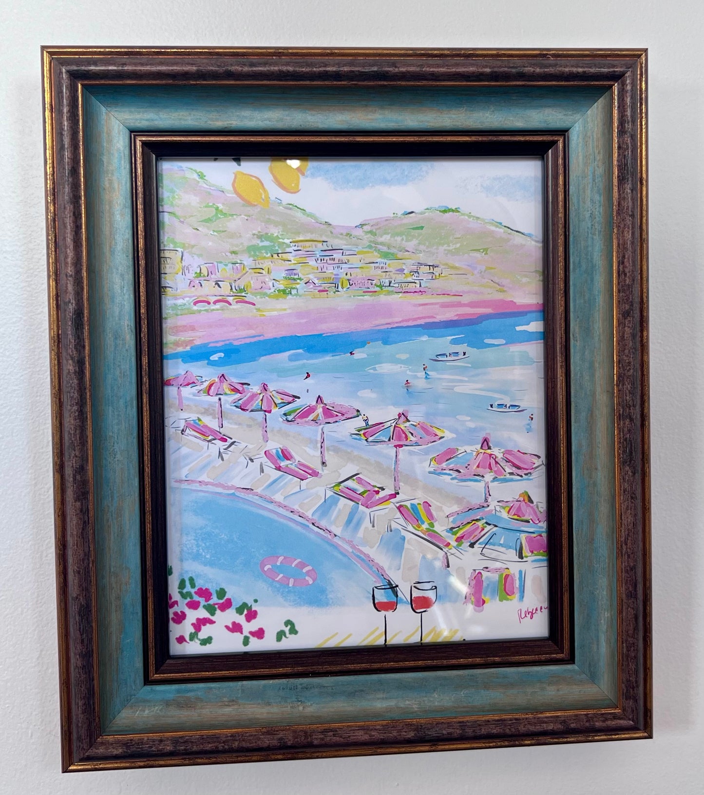 Amalfi Umbrellas Blue/Gold Framed Art Print by Rebecca Meixner