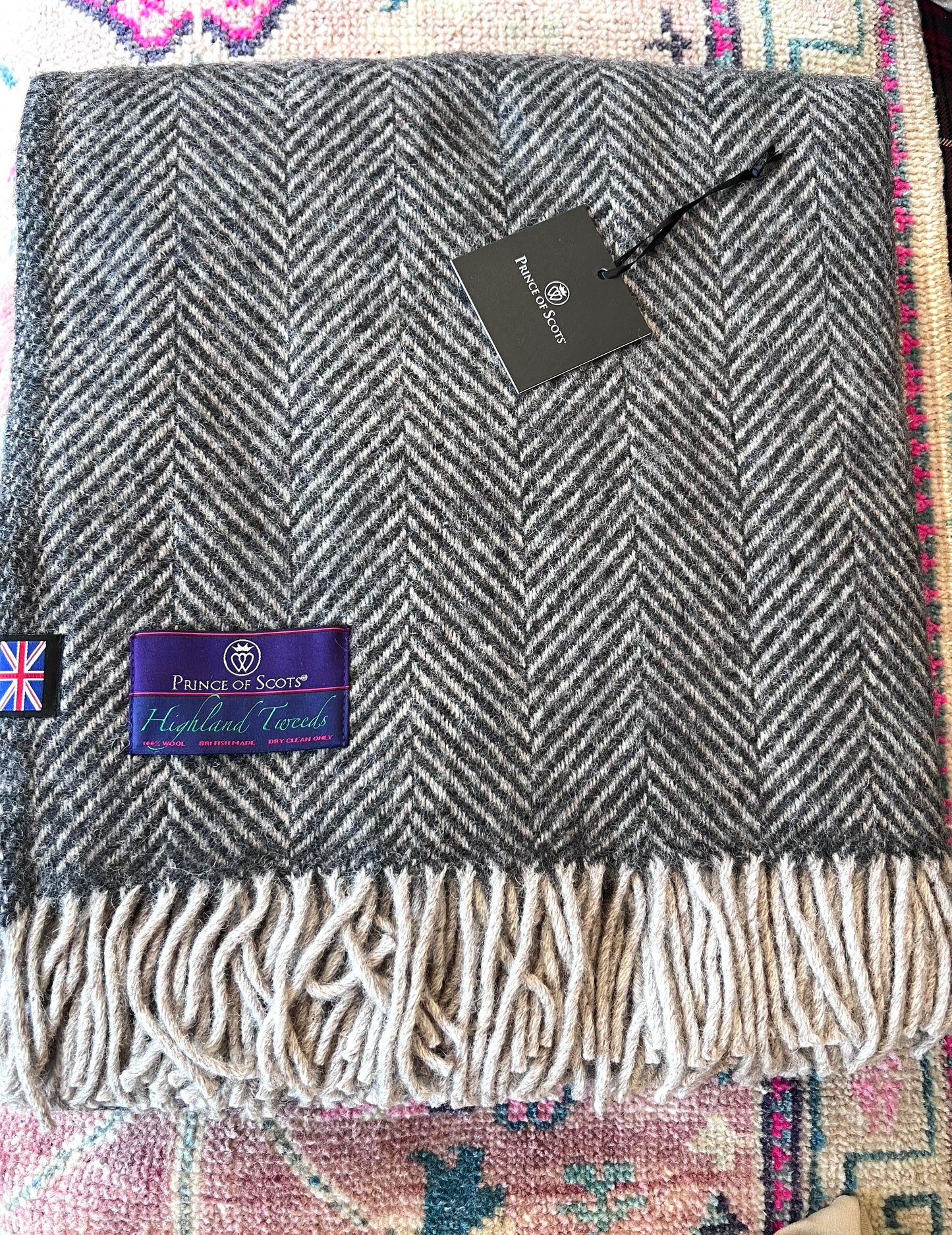 Charcoal & Greige Highland Tweeds 100% Wool Herringbone Throw - Made in the British Isles