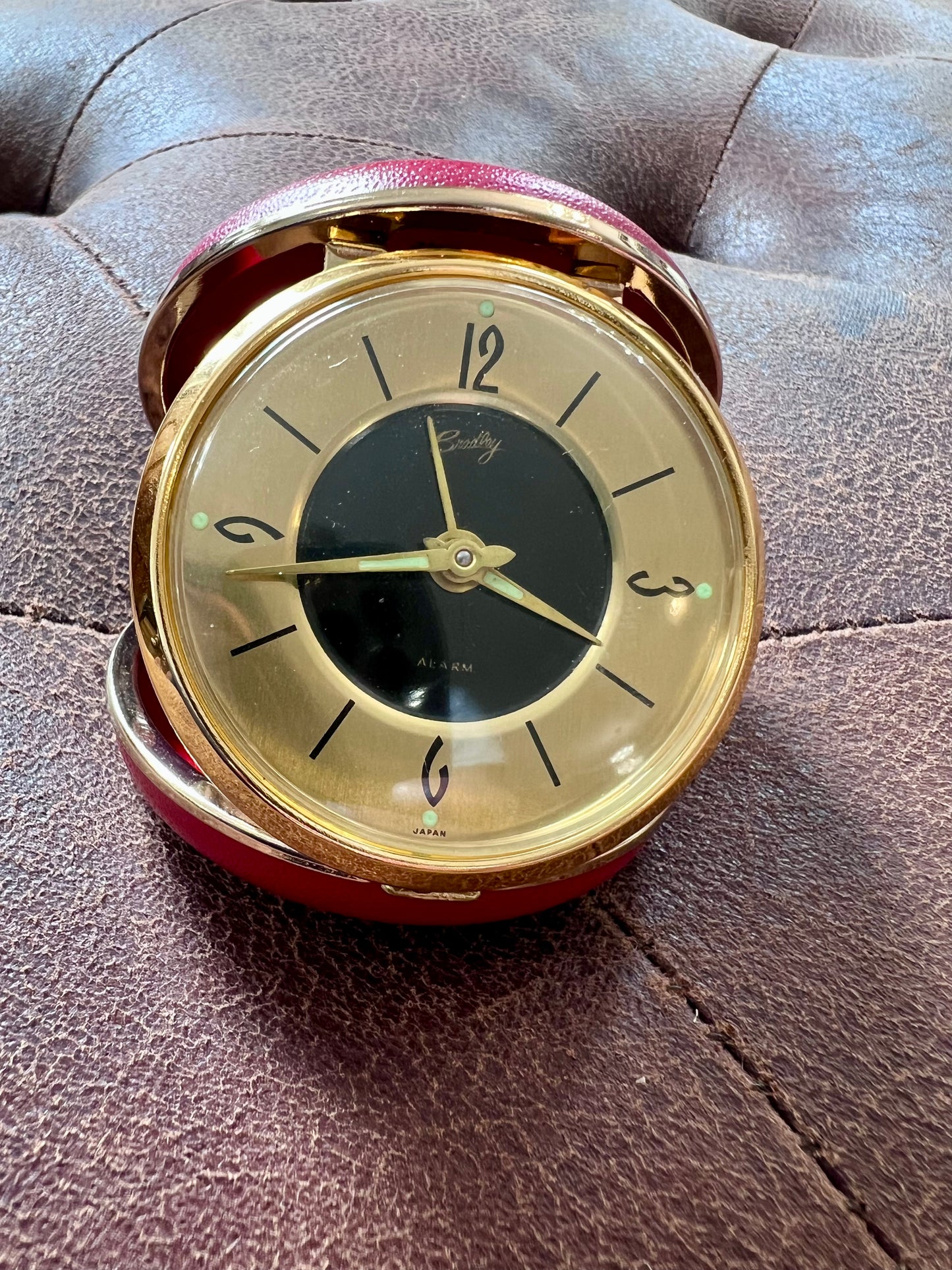Vintage Working Bradley Travel Alarm Clock in Red Leather Case Japan 1960s/70s