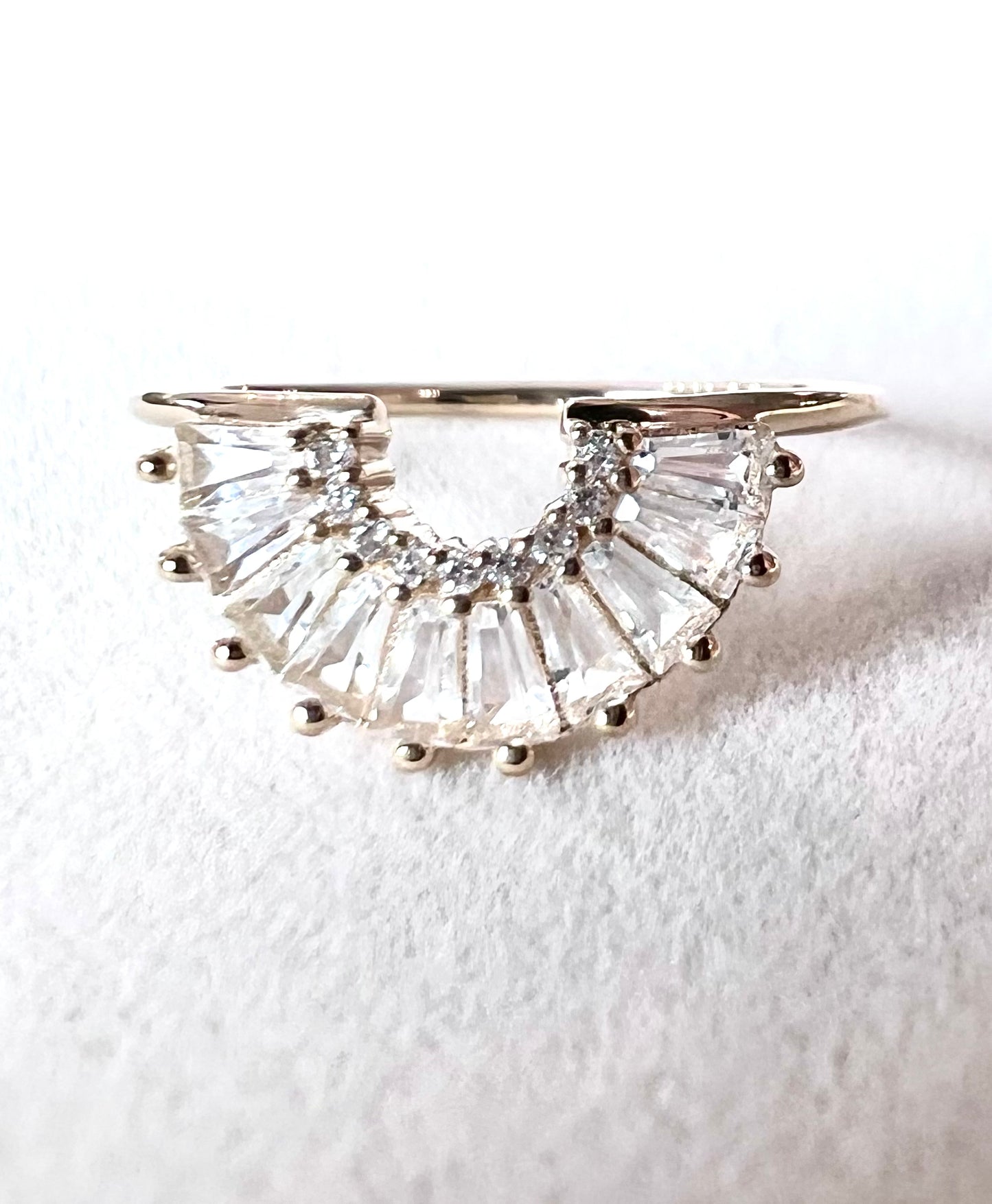 Diamond & White Topaz Baguette Solid 14kt Gold Arc Ring - Size 8