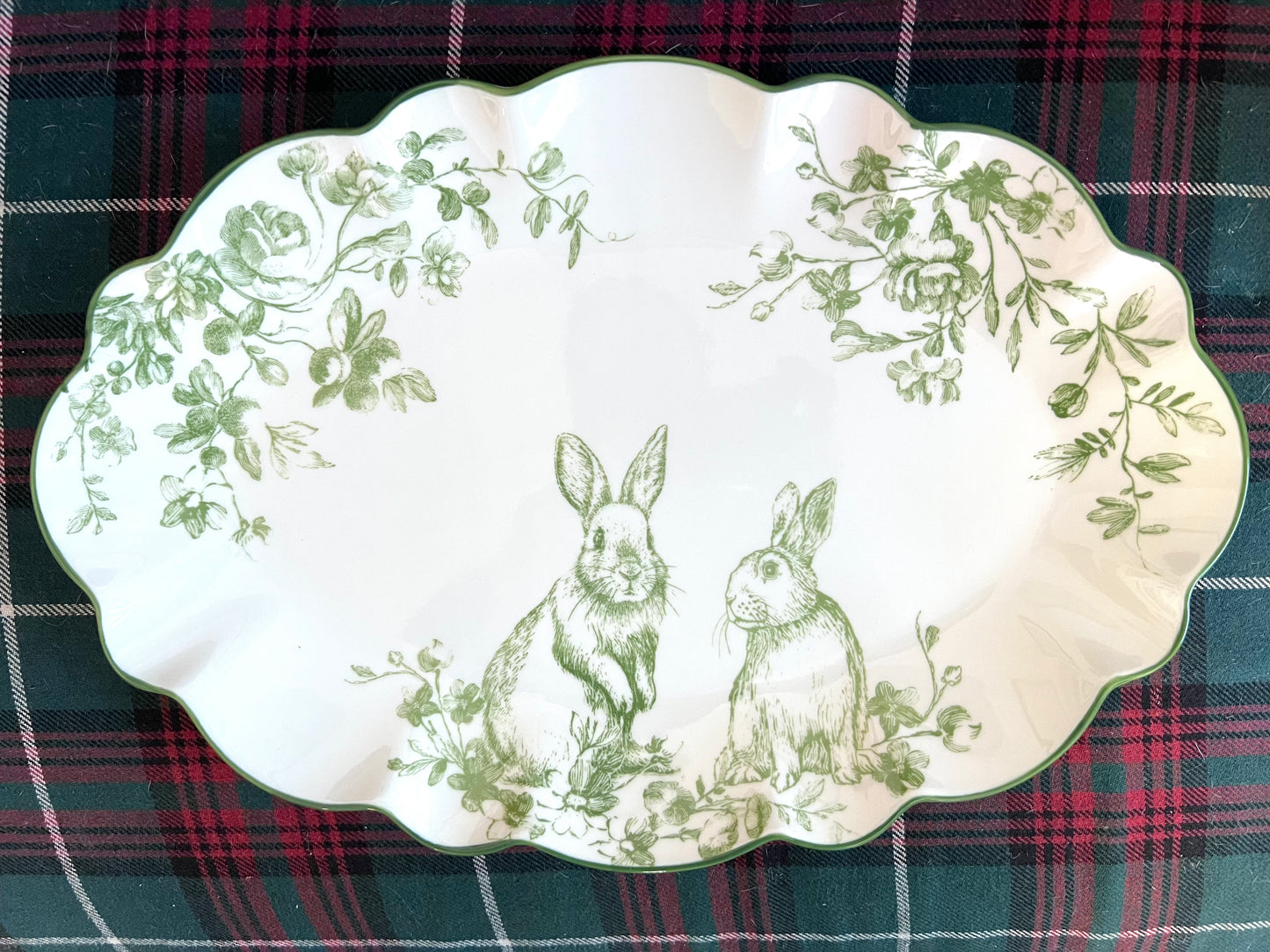 Potter’s Studio Scalloped Green and White Toile Rabbit Platter