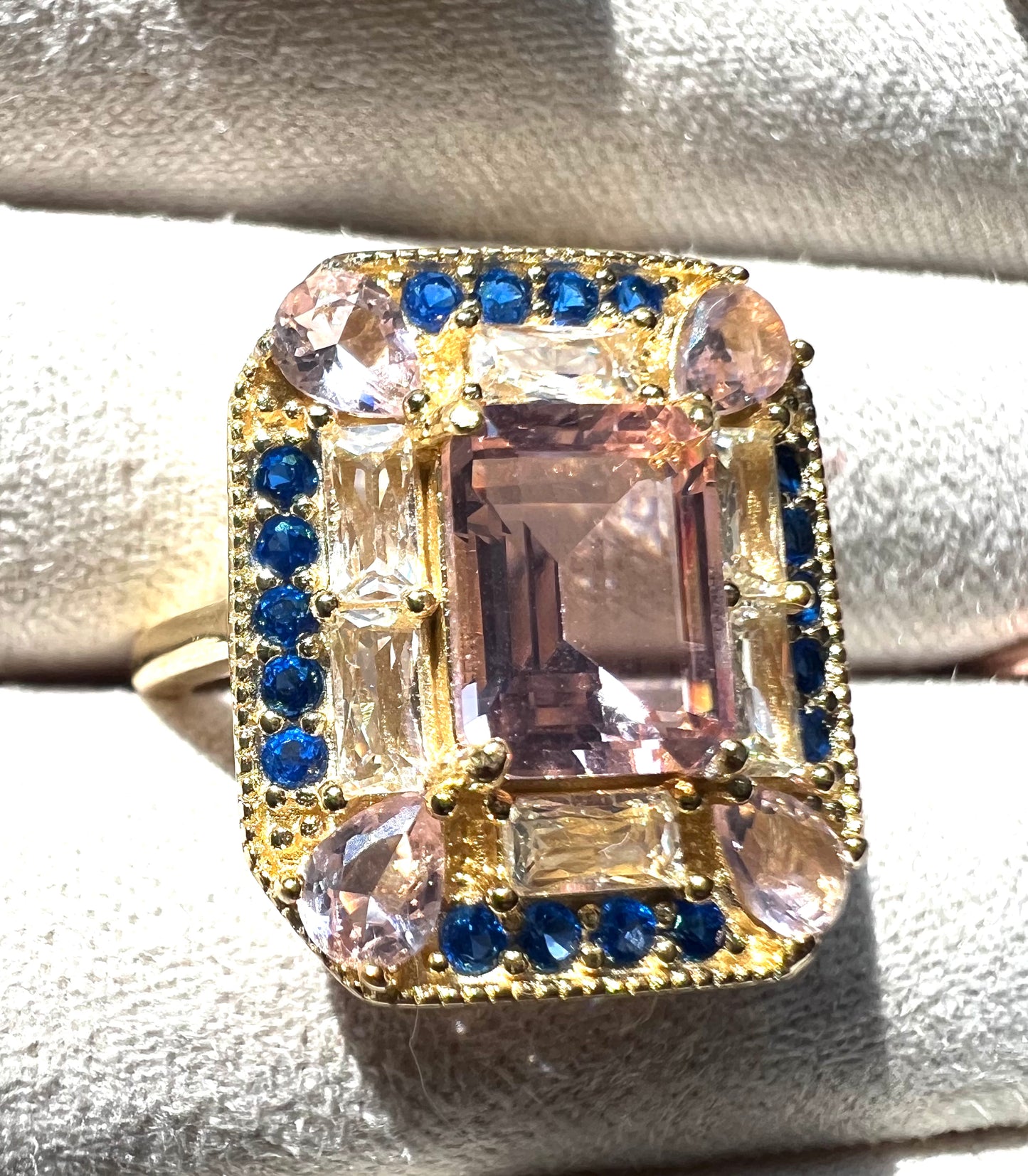 The Gatsby Ring - Pink Morganite, Sapphire & White Topaz Cocktail Ring, Size 5