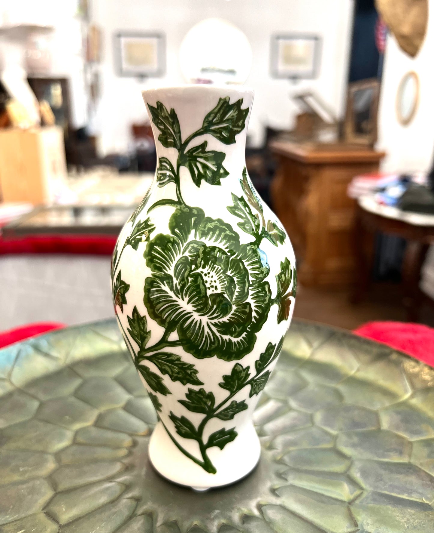 Hand Painted Floral Green & White Bud Vase I