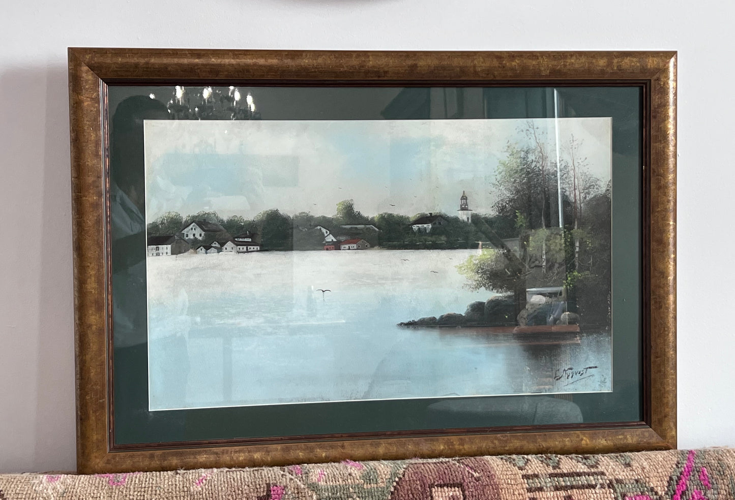 Vintage Oil Pastel Framed Artwork - Waterside Village by E. Nyquist IN STORE OR LOCAL PICK UP ONLY