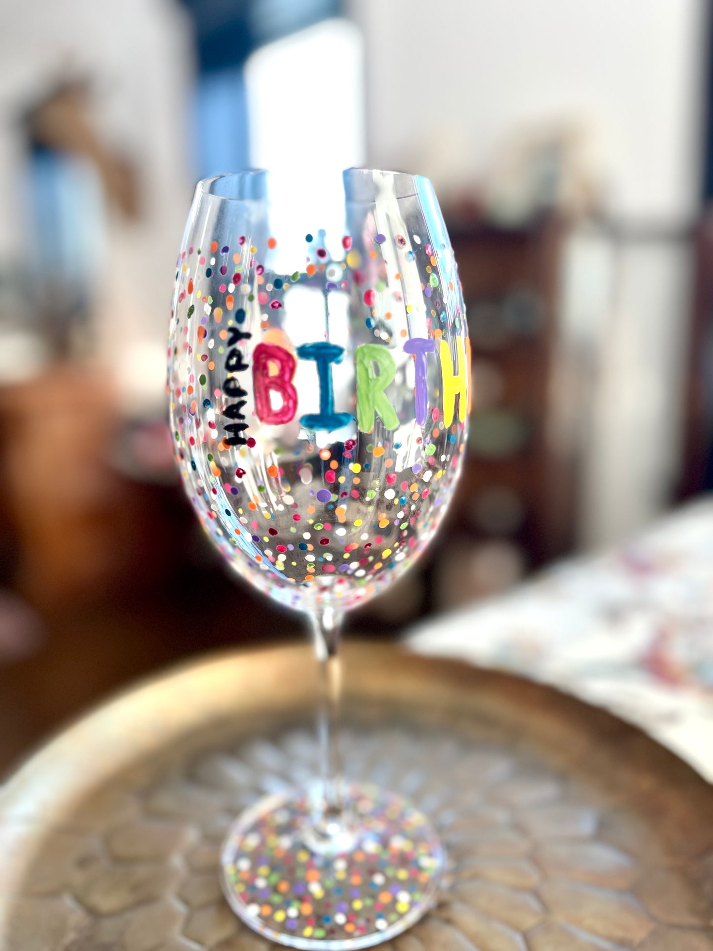 Hand Painted Happy Birthday Red Wine Glass by Carol Moore