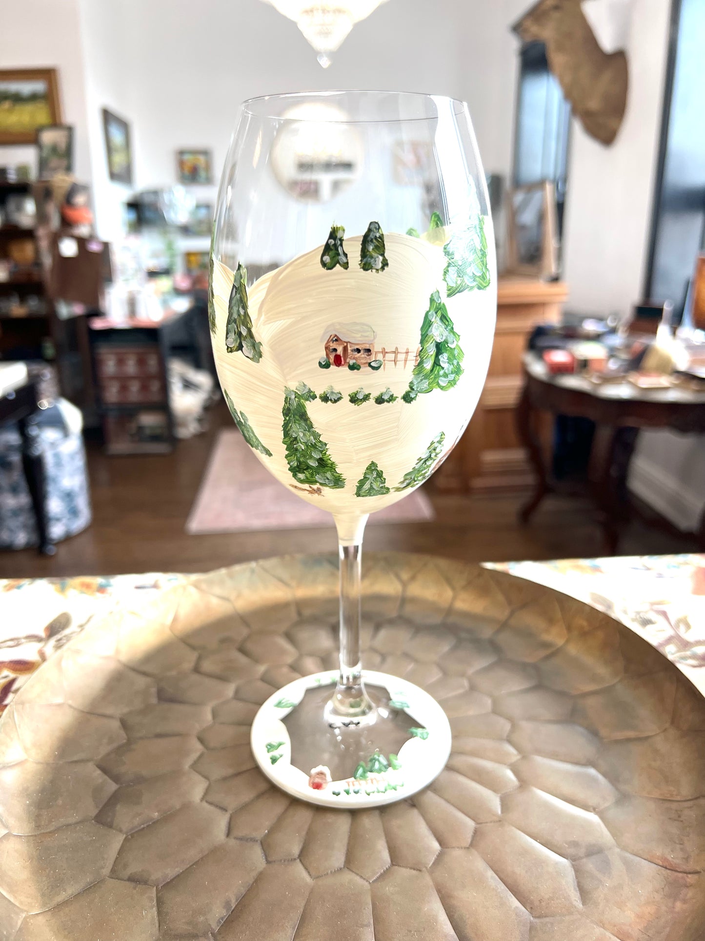Hand Painted Winter Lodges Red Wine Glass by Carol Moore