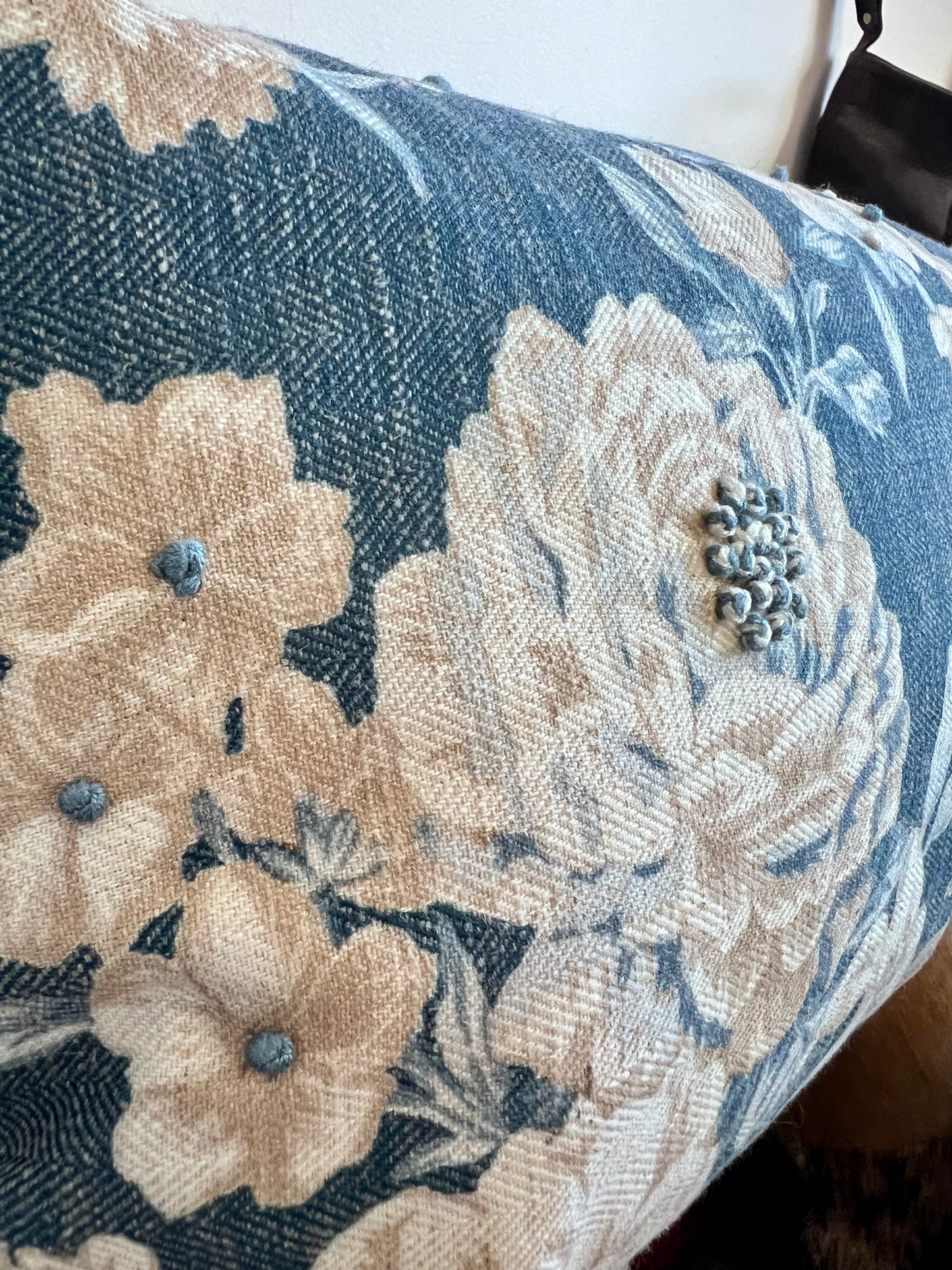 Embroidered Blue Floral Lumbar Pillow