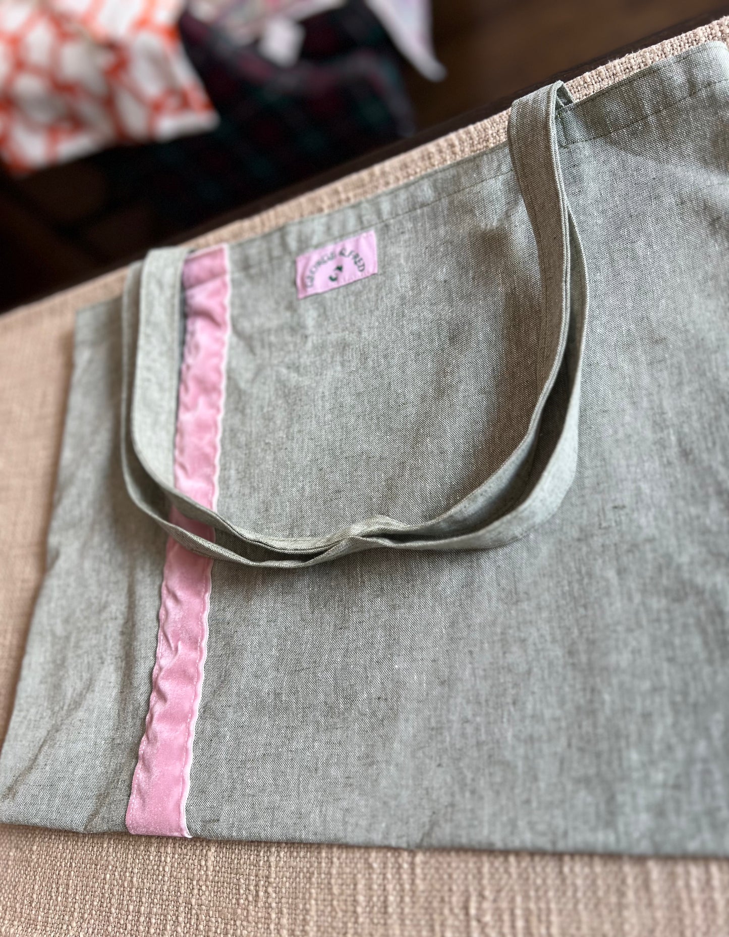 The George & Fred Tote - Green with Pink Velvet Trim
