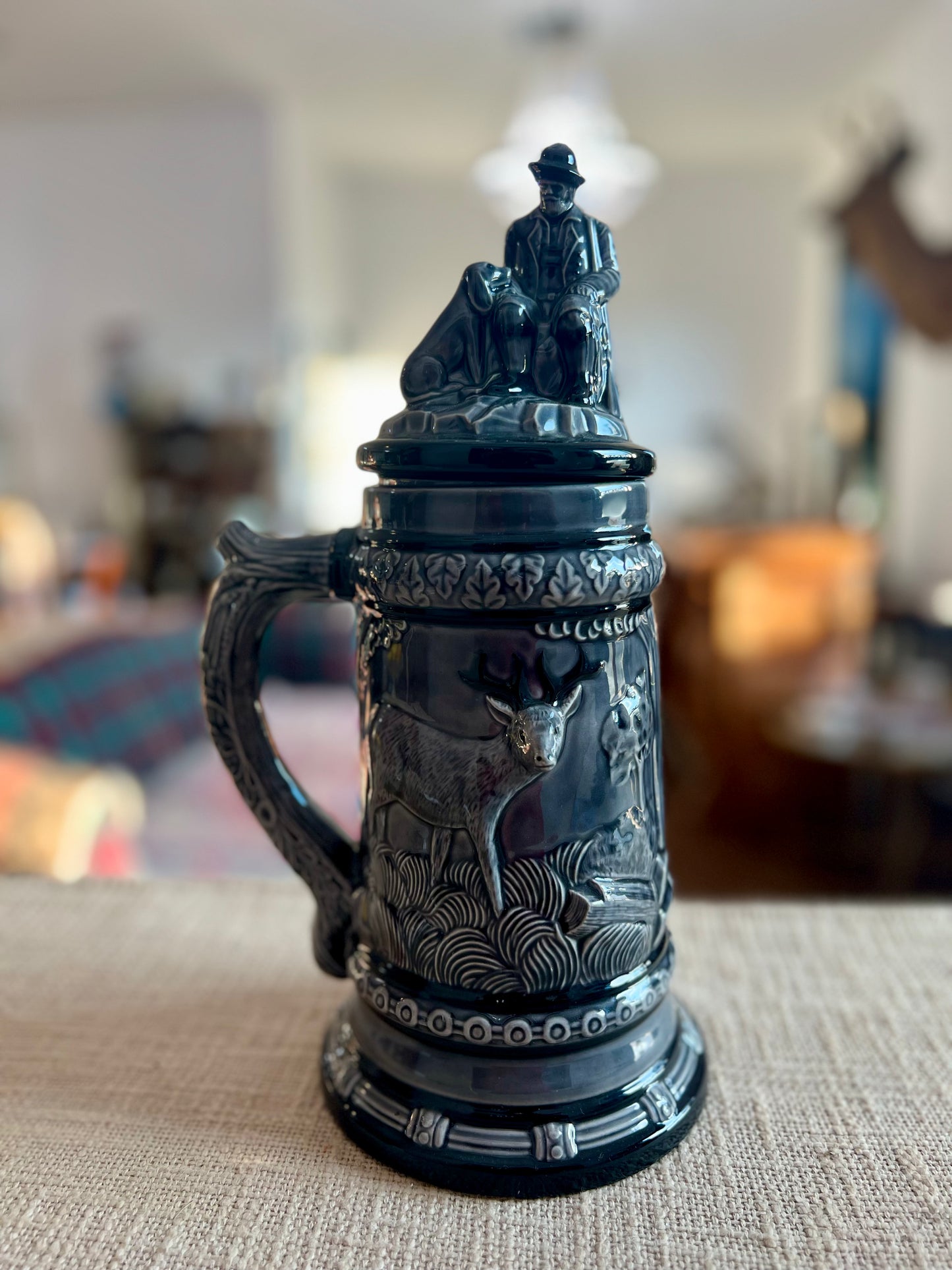 Vintage Gray Deer & Man with Dog Beer Stein