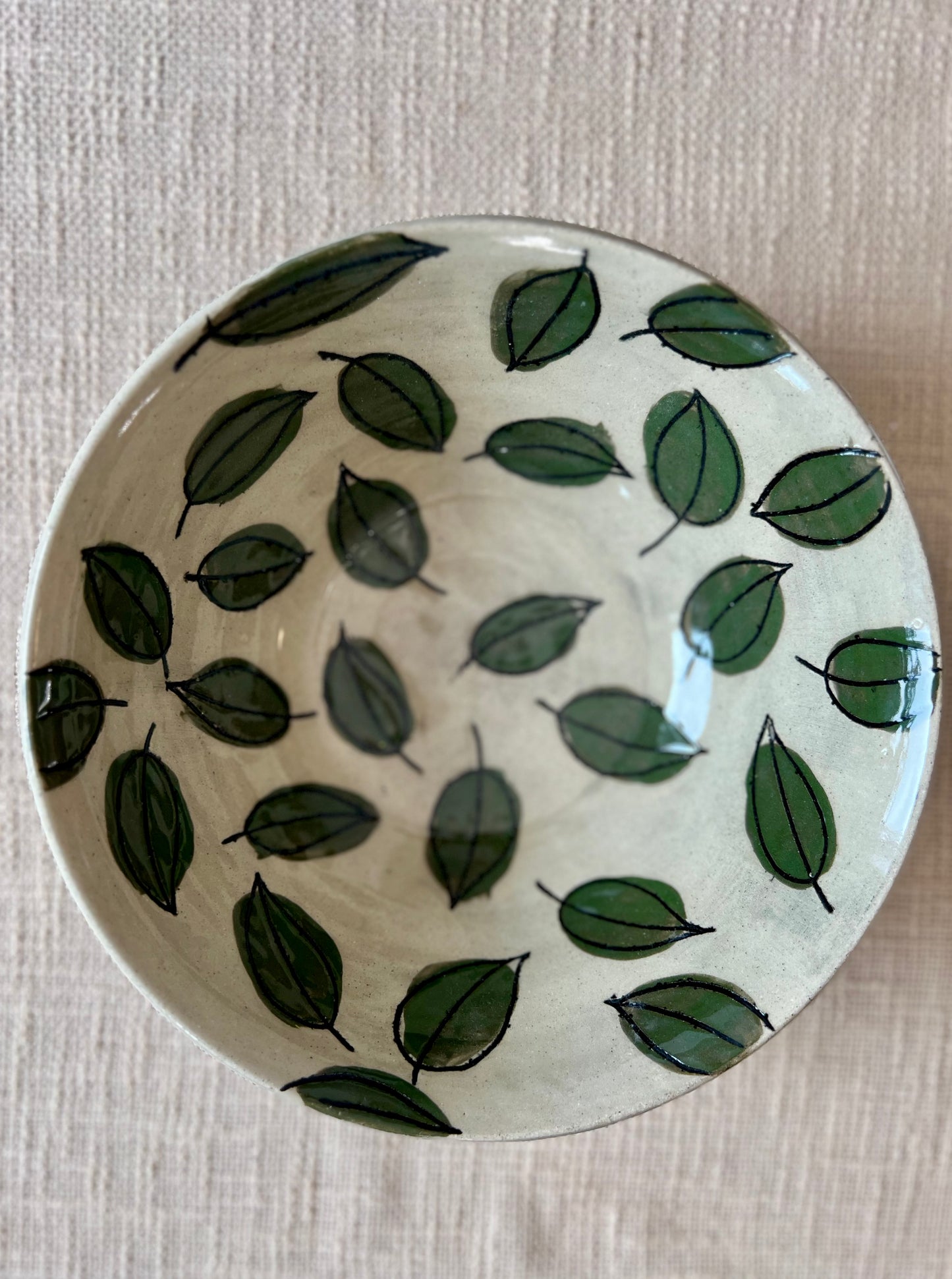 Green Leaves Wide Bowl - Handmade by Ceramic Artist Natalie Zelman