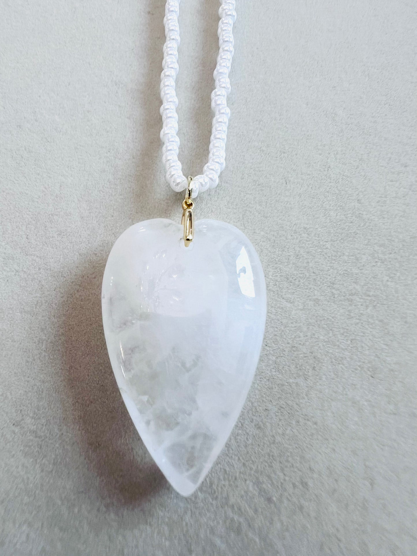 White Stone Heart & Glass Seed Beads Necklace