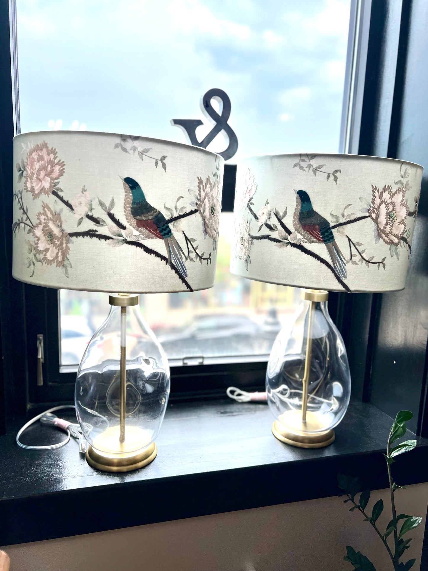 Songbirds & Blooms Embroidered Shade & Glass Lamp - IN STORE OR LOCAL DELIVERY ONLY