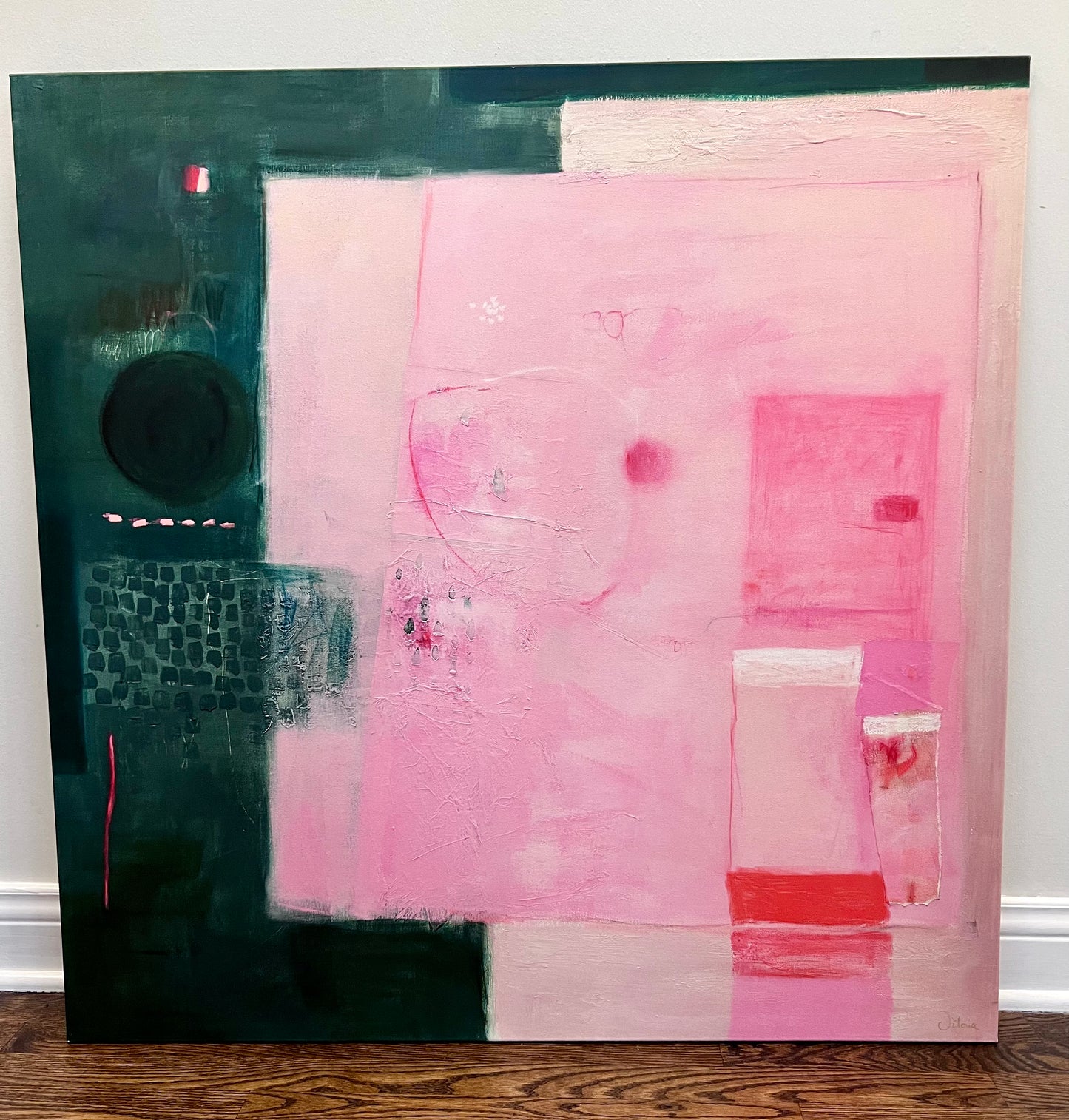 Green & Pink Abstract Giclée 40" x 40" Fine Art Print by Spain-based artist Victoria