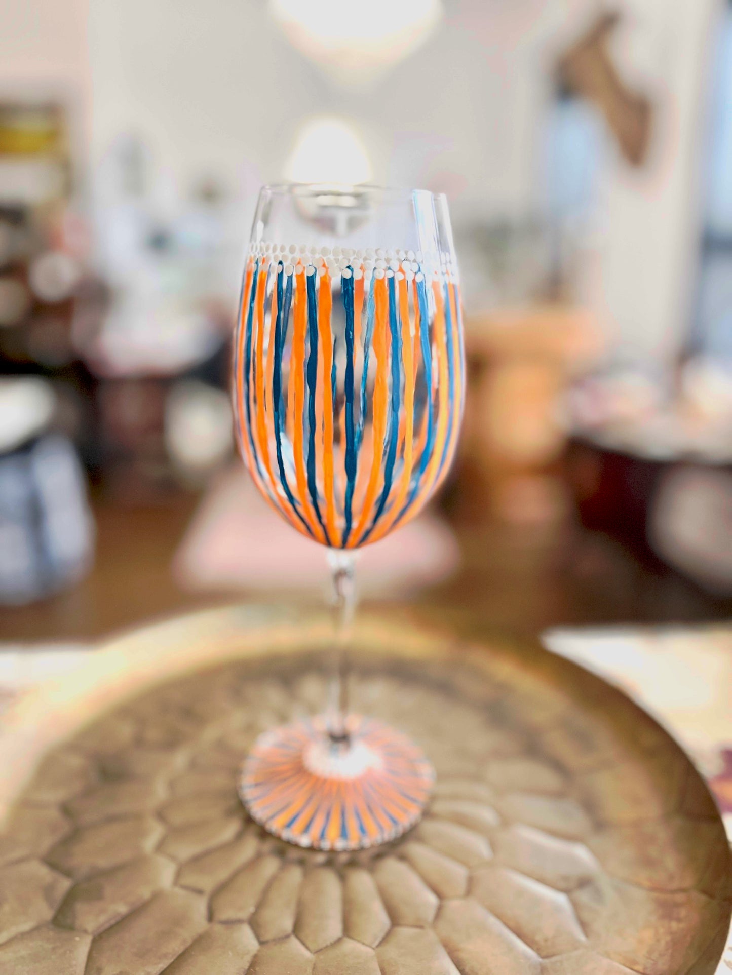 Hand Painted Orange & Blue White Wine Glass by Carol Moore