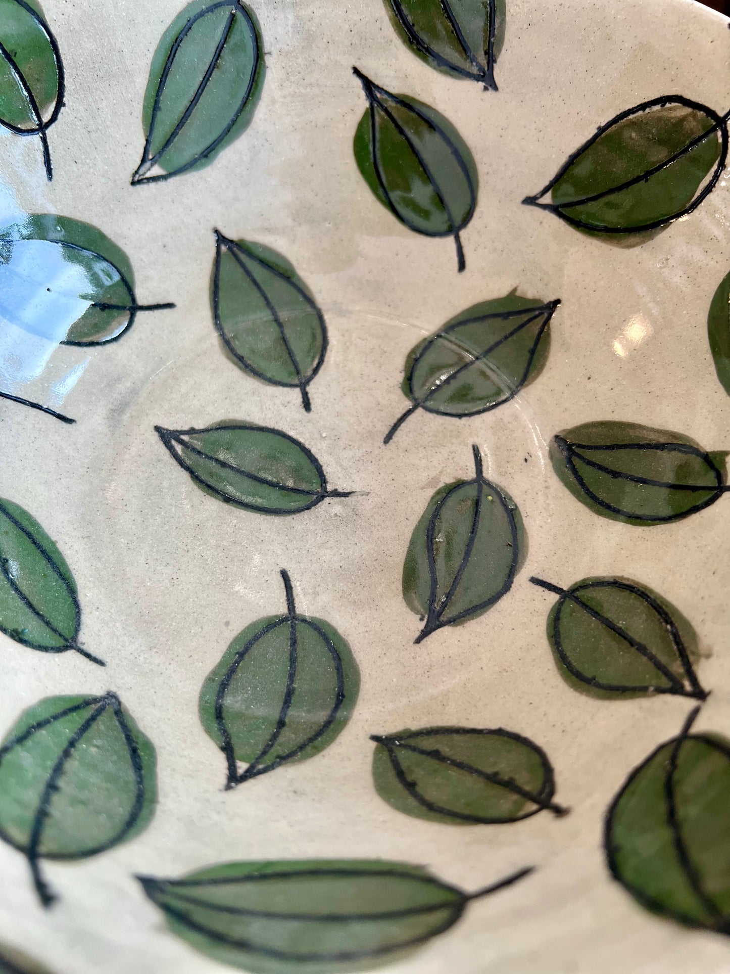 Green Leaves Wide Bowl - Handmade by Ceramic Artist Natalie Zelman