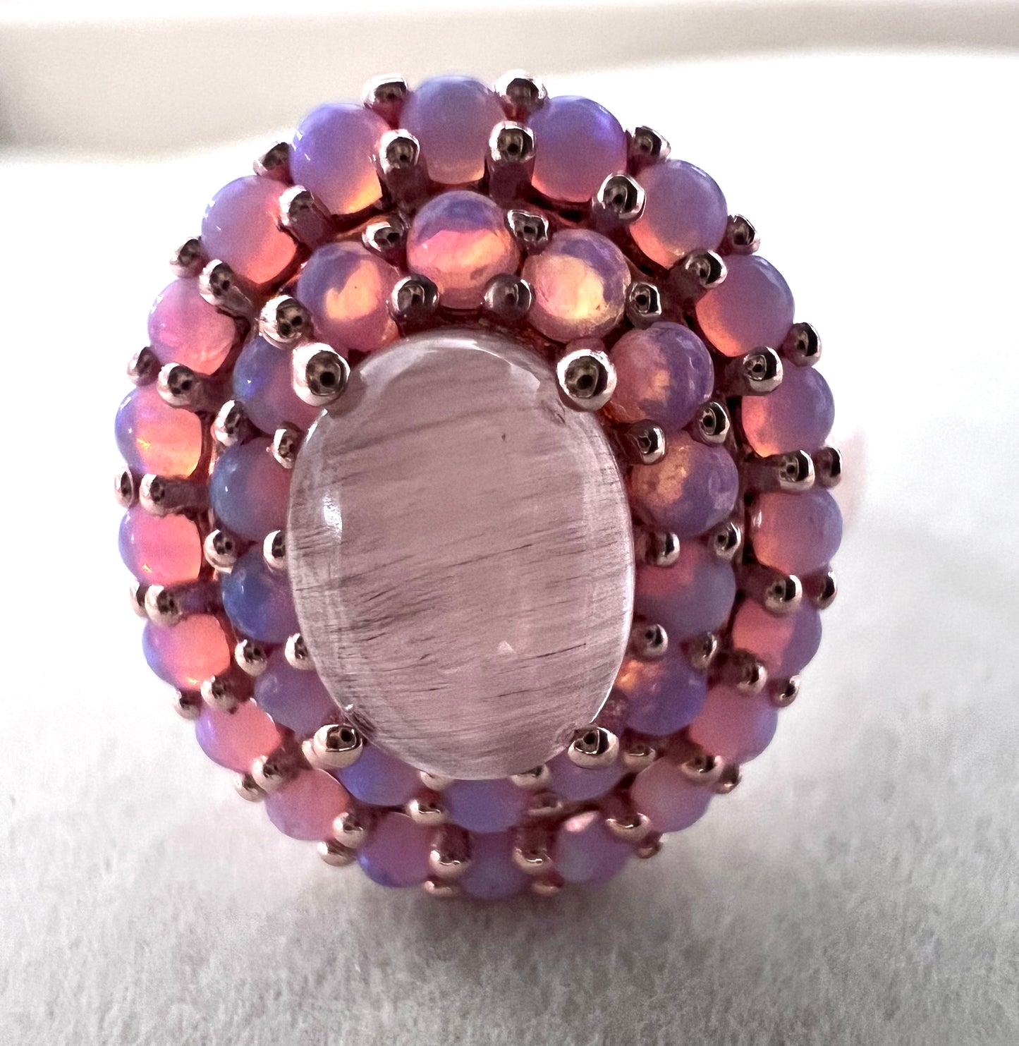 Cats Eye Moonstone & Pink Lab Opals 14kt Rose Gold Vermeil Ring - Size 8