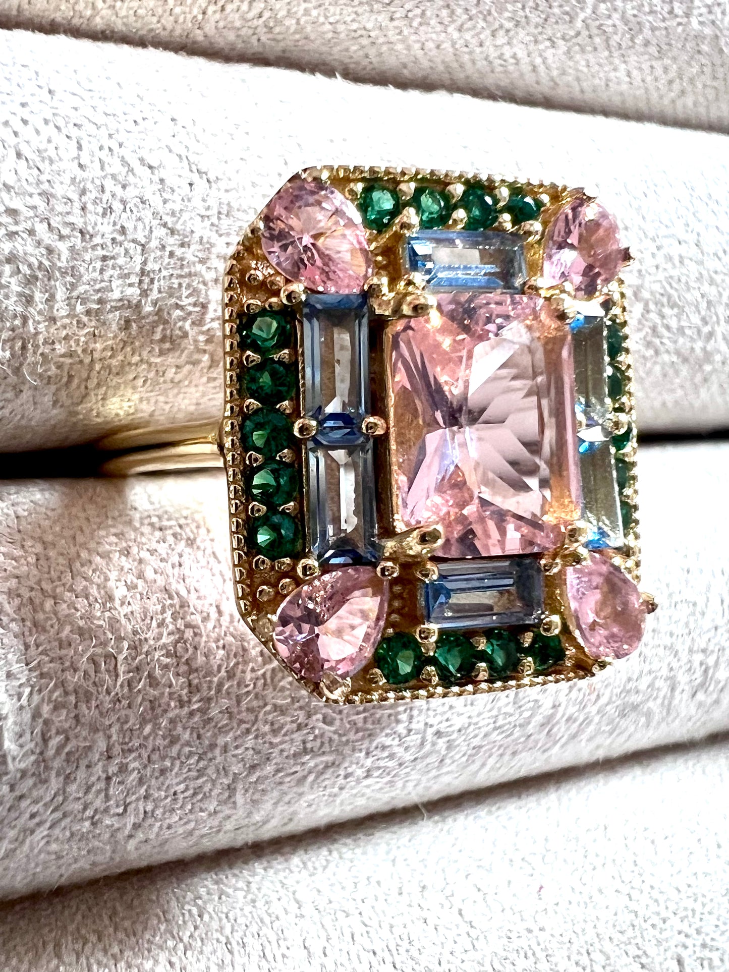 The Marlowe Ring - Morganite, Emerald & Aquamarine Cocktail Ring, Size 5