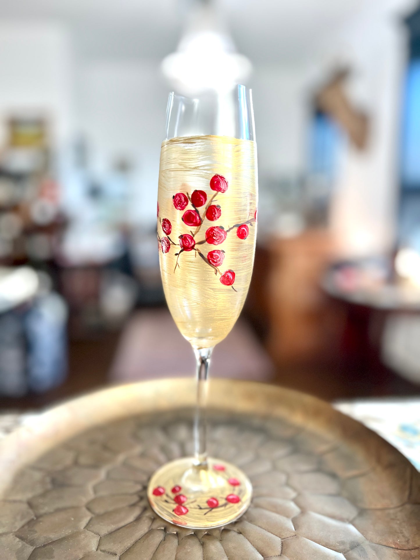 Hand Painted Holly Berries Christmas Champagne Flute Glass by Carol Moore