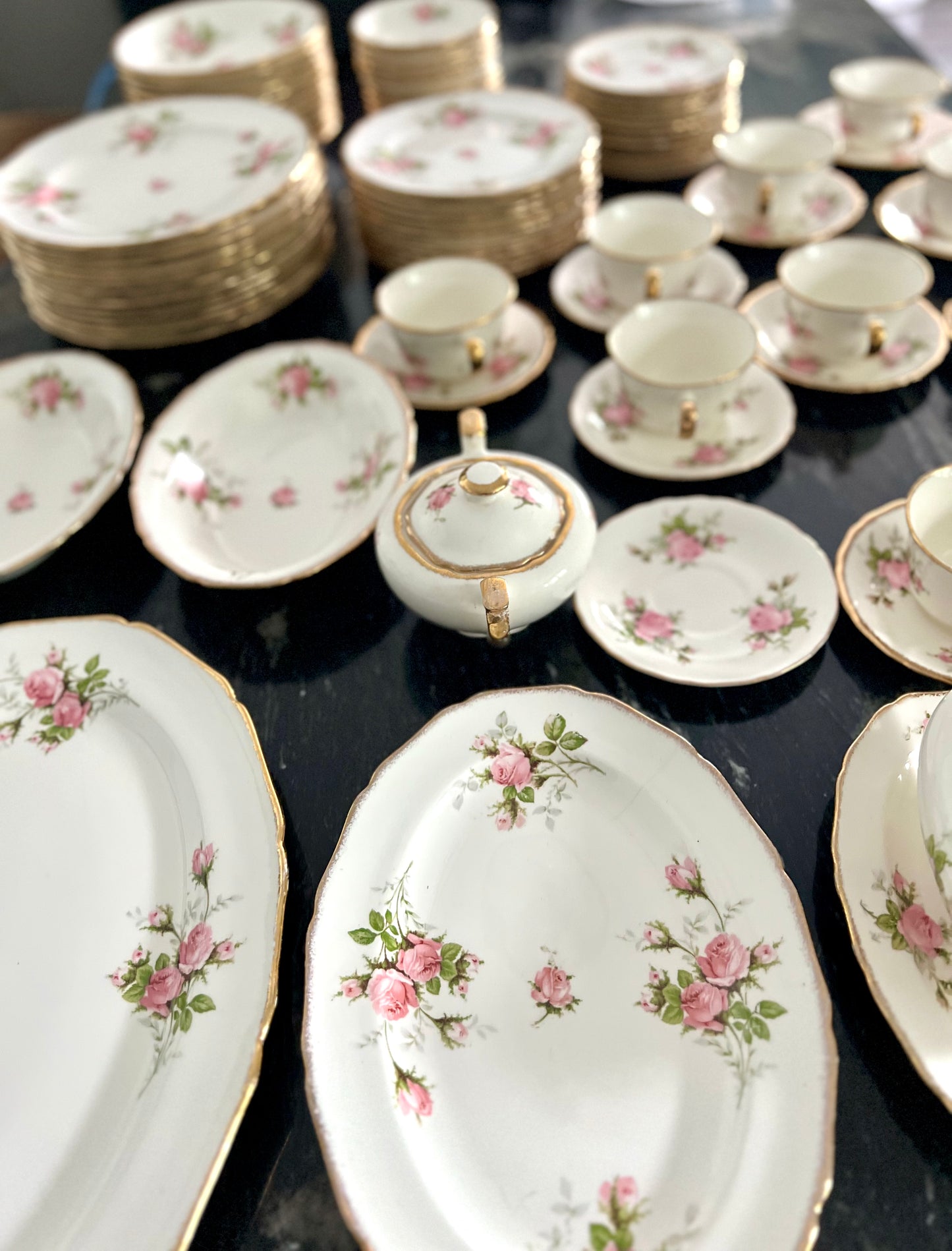 Cannonsburg Pink Rose China with 22KT Gold Trim – 92-Piece Heirloom Set
