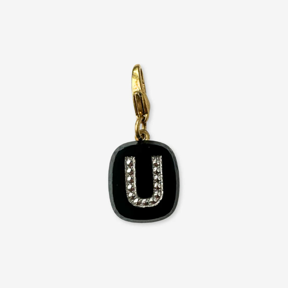 Letter "U" Refashioned Vintage Rhinestone & Black Glass Charm