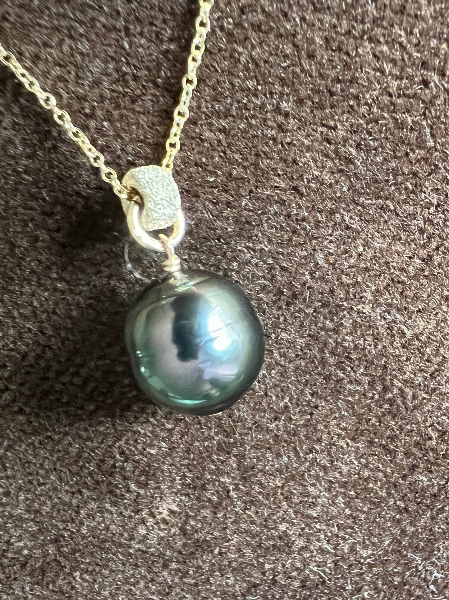 The Kristin Necklace - Gray Green South Sea Freshwater Pearl Necklace & Crystal Roundel on 14K Gold-Filled Chain