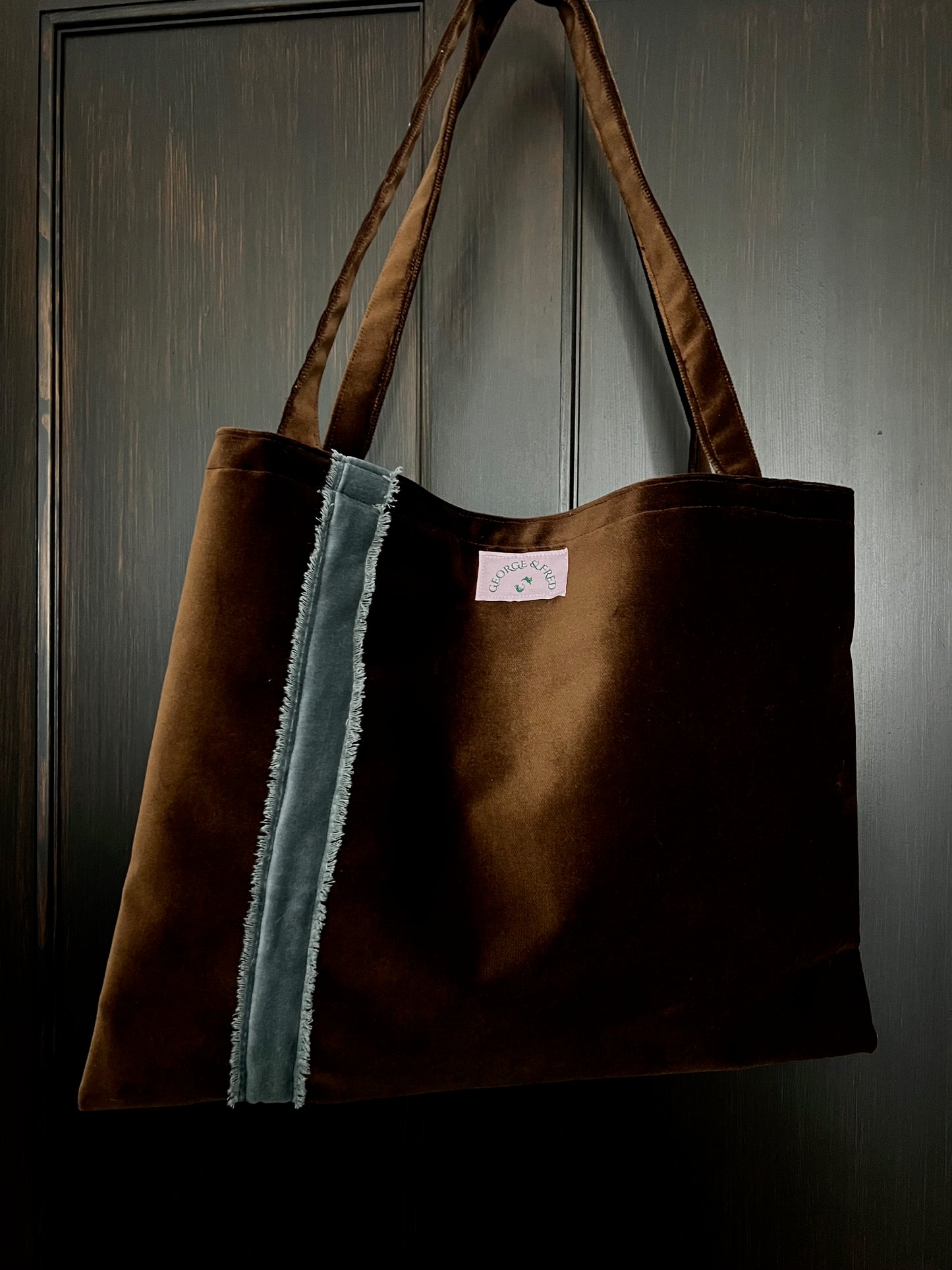 The George & Fred Tote - Chocolate Velvet with Sea Blue Trim