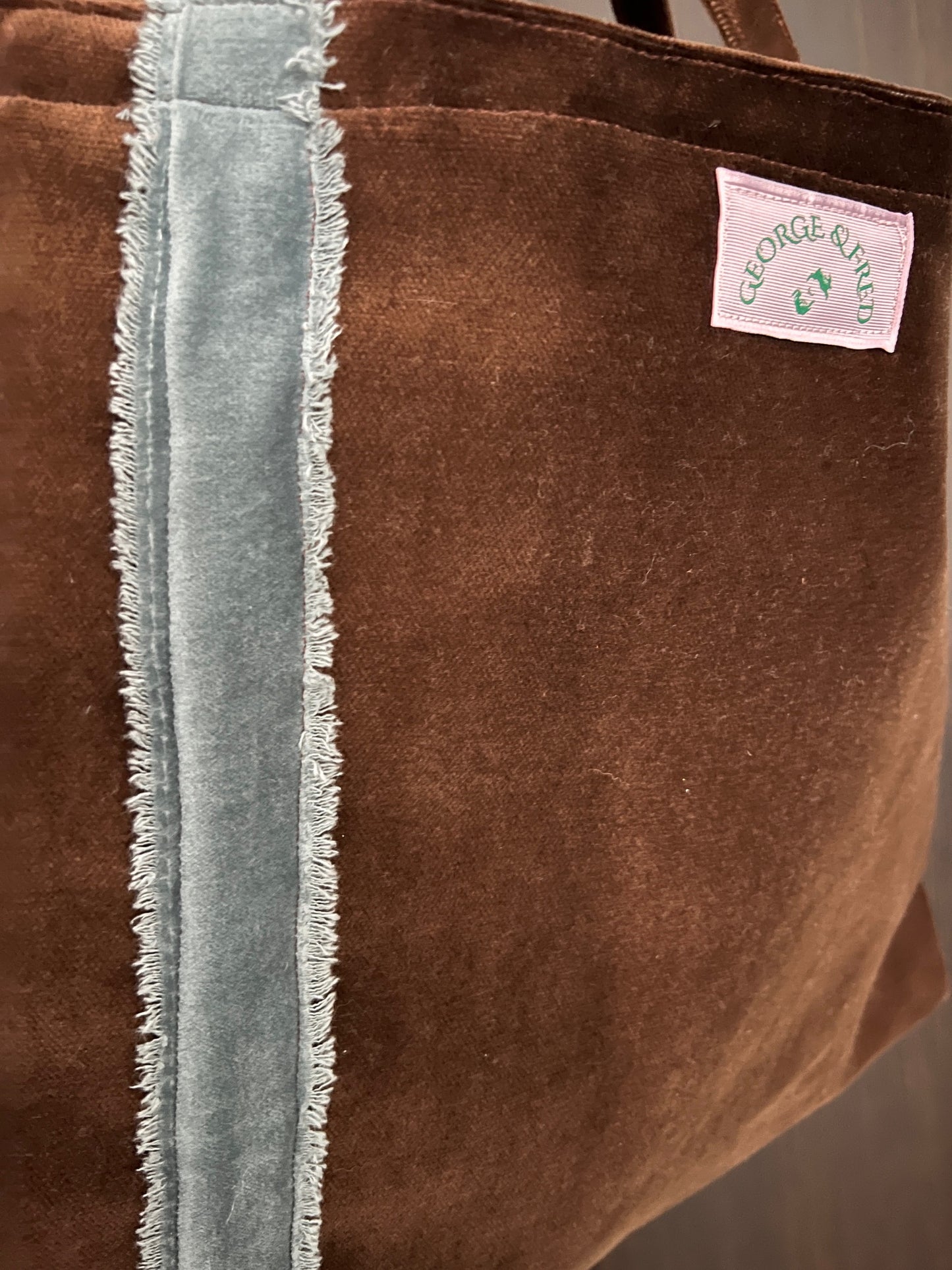 The George & Fred Tote - Chocolate Velvet with Sea Blue Trim