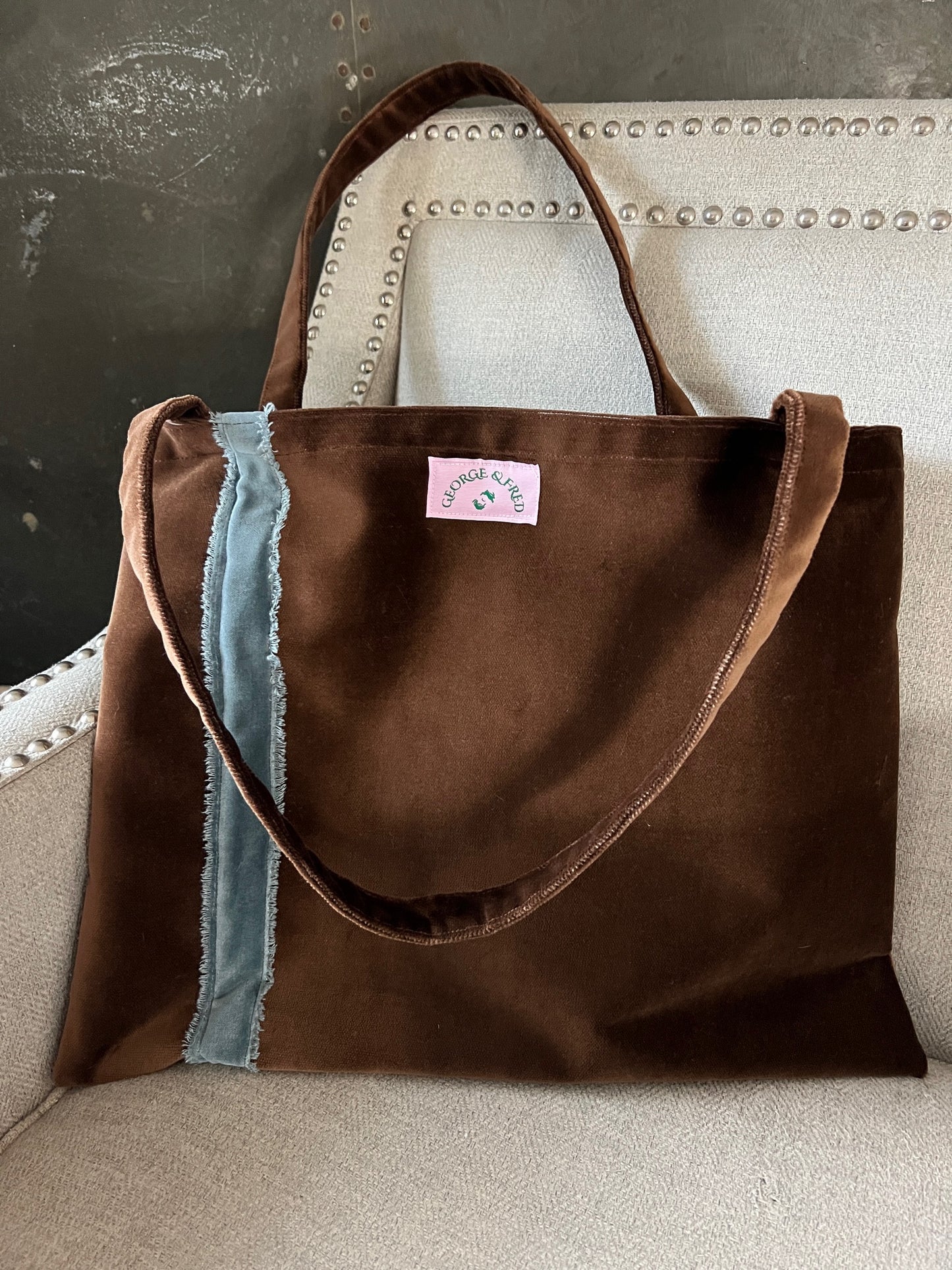 The George & Fred Tote - Chocolate Velvet with Sea Blue Trim