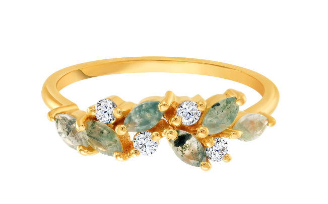 Moss Agate & White Topaz in 18kt Yellow Gold Ring - Size 8