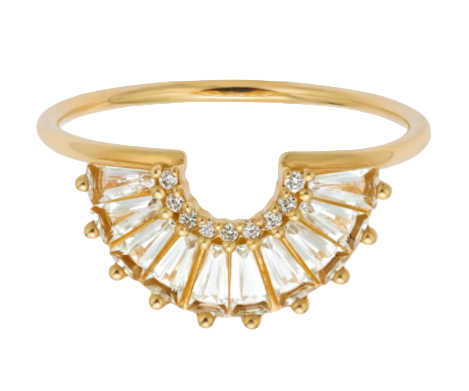 Diamond & White Topaz Baguette Solid 14kt Gold Arc Ring - Size 6