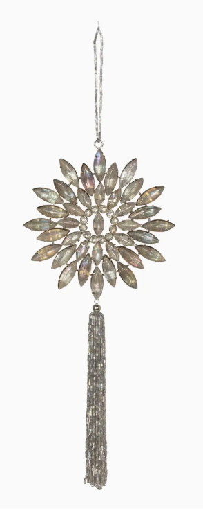 Opal White Beaded Snowflake with Tassel Ornament II