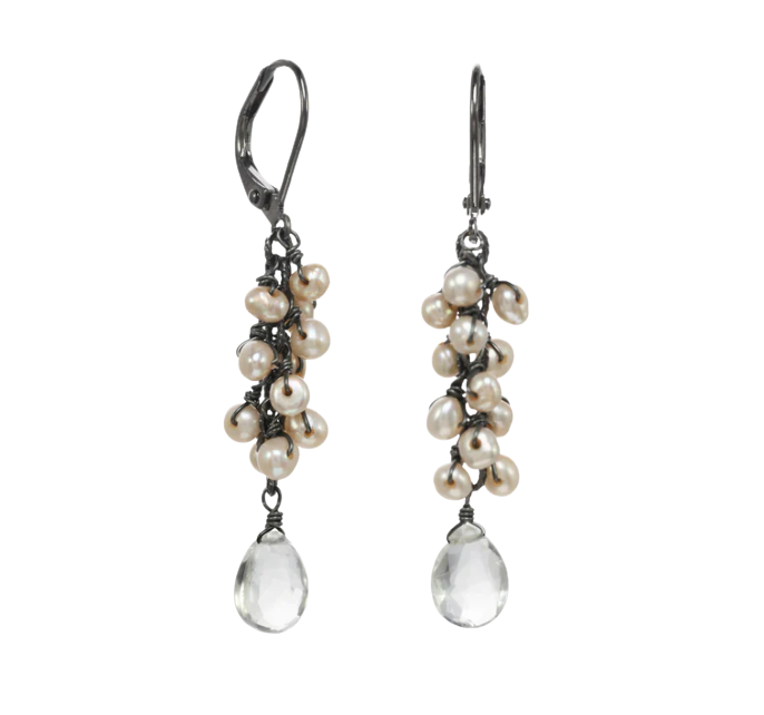 Freshwater Pearls & Clear Quartz Briolette Silver Earrings