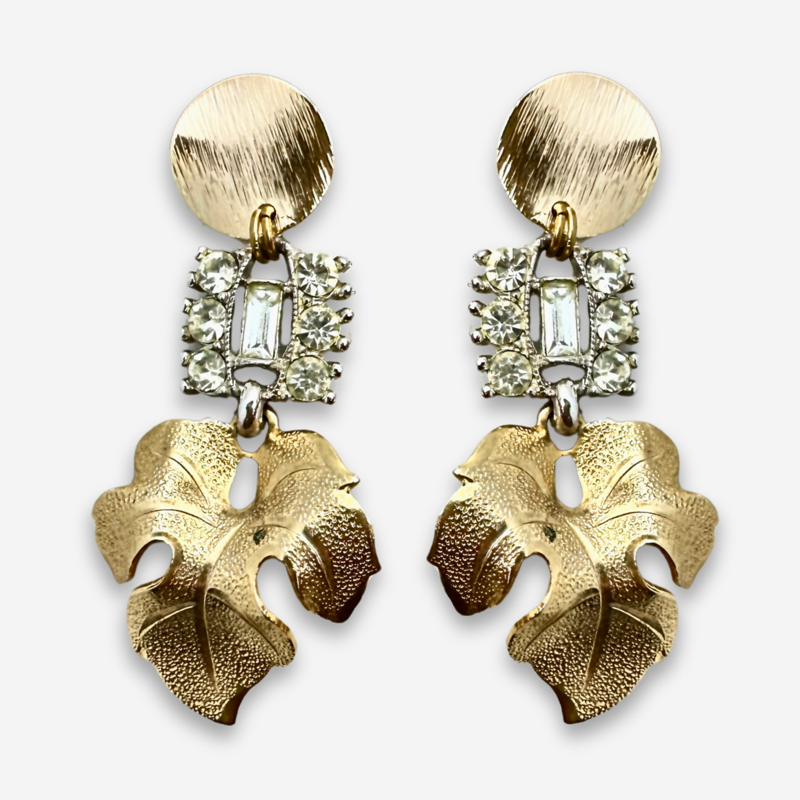 The Josephine - Refashioned Vintage Rhinestone Link & Brass Leaf Earrings