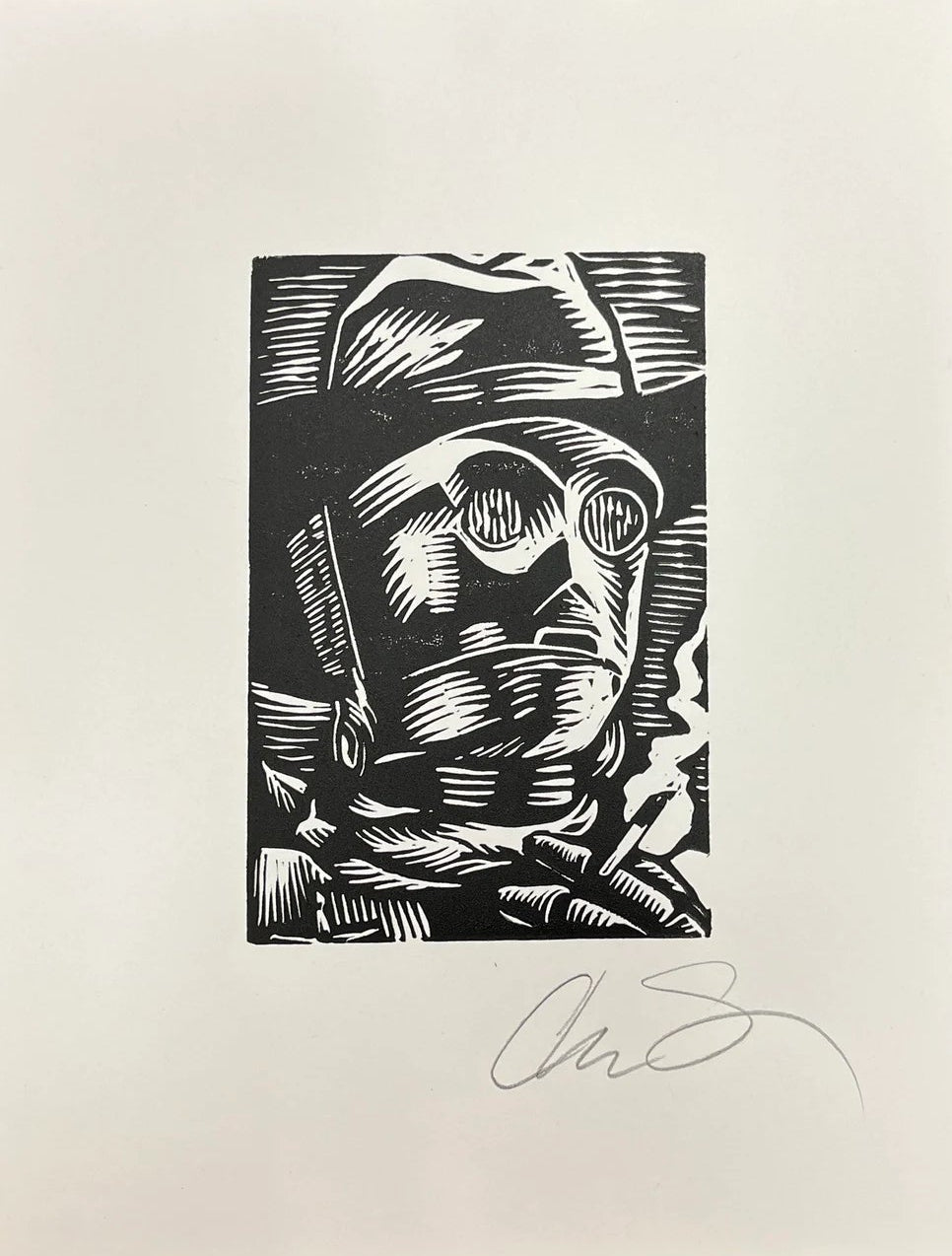 Signed Framed "C-3PO Smoking Space Cowboy" Hand Pulled Linoleum Block Print by Charles State
