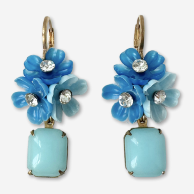 The Cecilia - Refashioned Vintage Blue Floral & Glass Drop Earrings