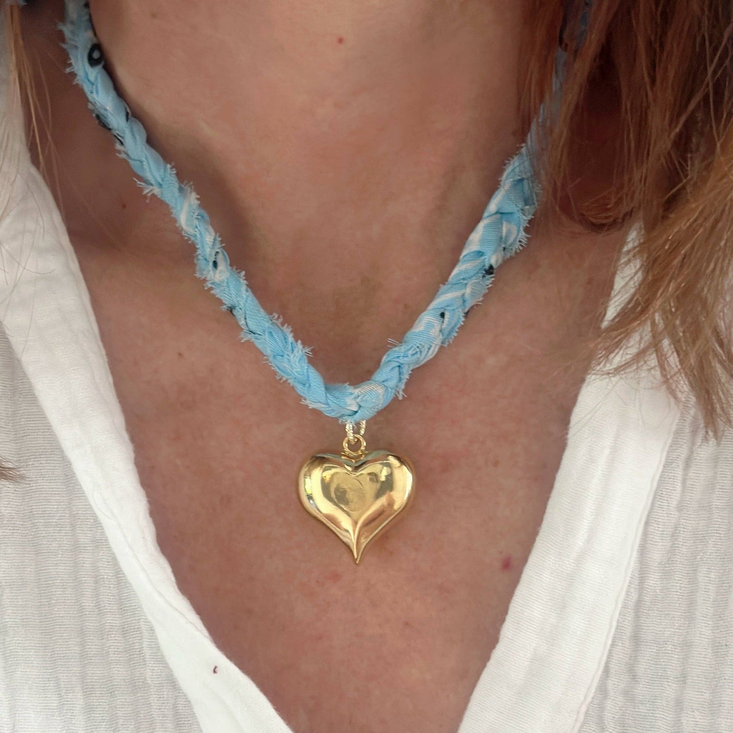 Light Blue Braided Bandana Heart Necklace